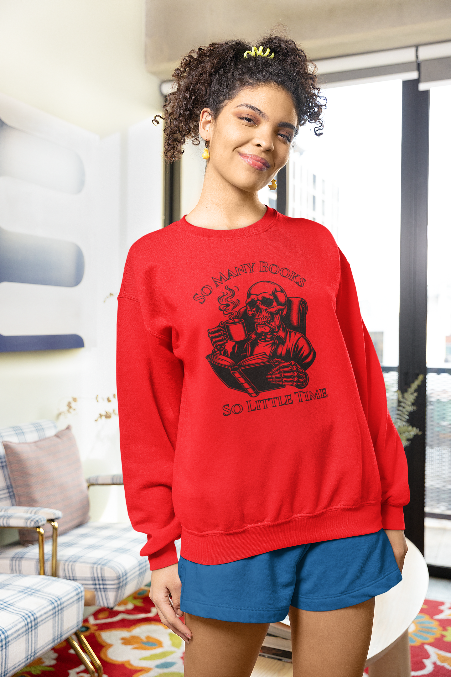 Reading Skull Crewneck Sweatshirt — "So Many Books, So Little Time"