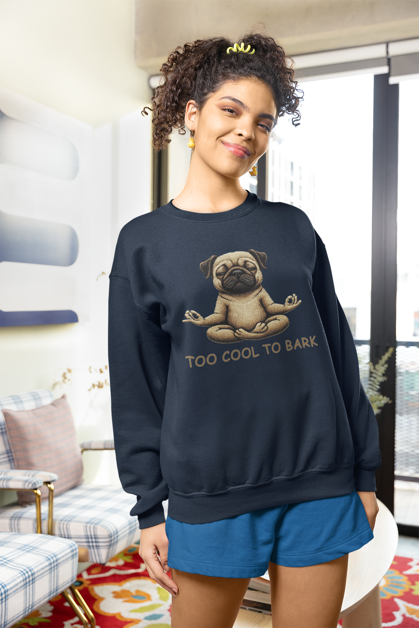 Pug Yoga Sweatshirt – "Too Cool to Bark" Cozy Crewneck