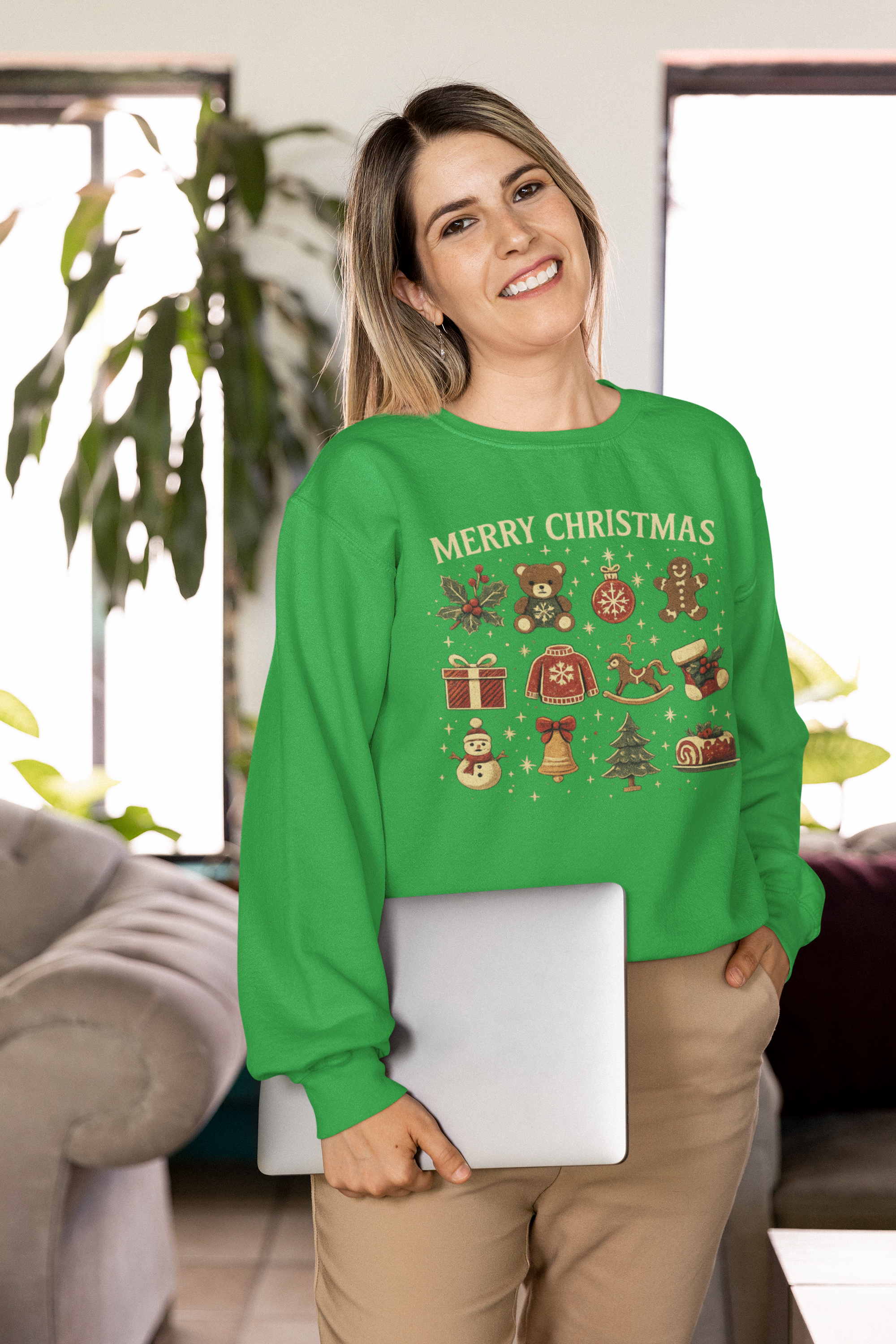 Christmas Icons Crewneck Sweatshirt — "Merry Christmas" Holiday Graphic