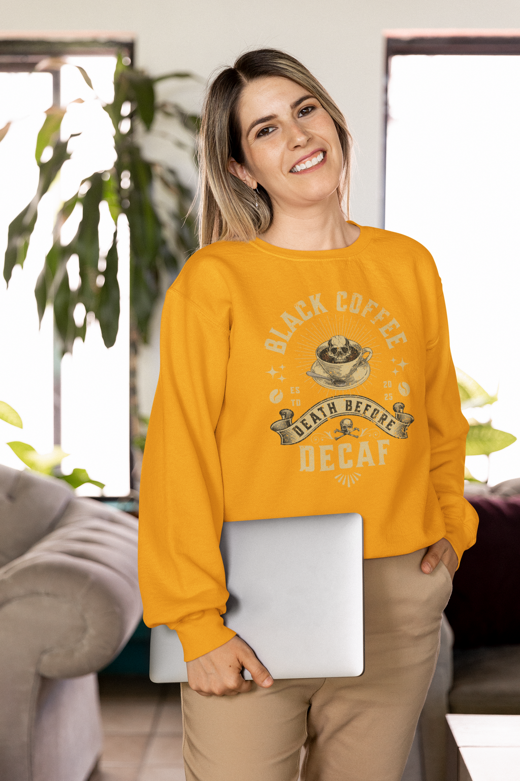Decaf Black Coffee Crewneck Sweatshirt — Vintage Coffee Lover Pullover