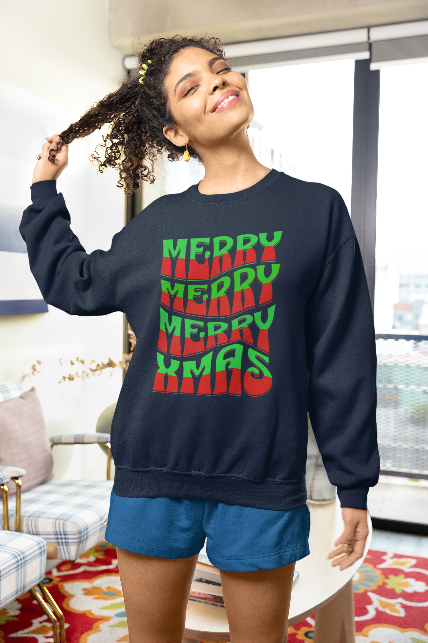 Christmas Crewneck Sweatshirt – Retro 'Merry Xmas' Red & Green Holiday Design