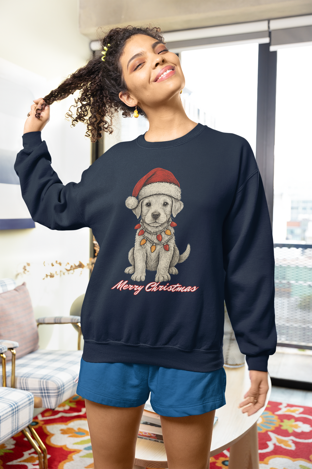 Christmas Puppy Sweatshirt – 'Merry Christmas' Labrador in Santa Hat Crewneck