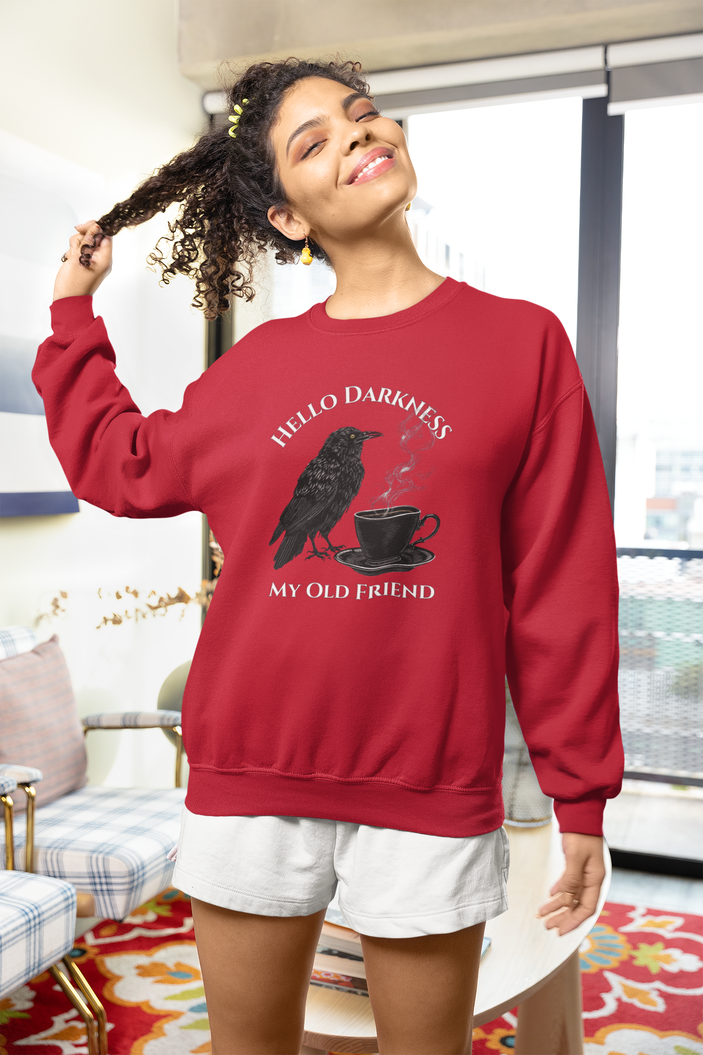 Raven Coffee Crewneck Sweatshirt — "Hello Darkness My Old Friend" Vintage Gothic Tee