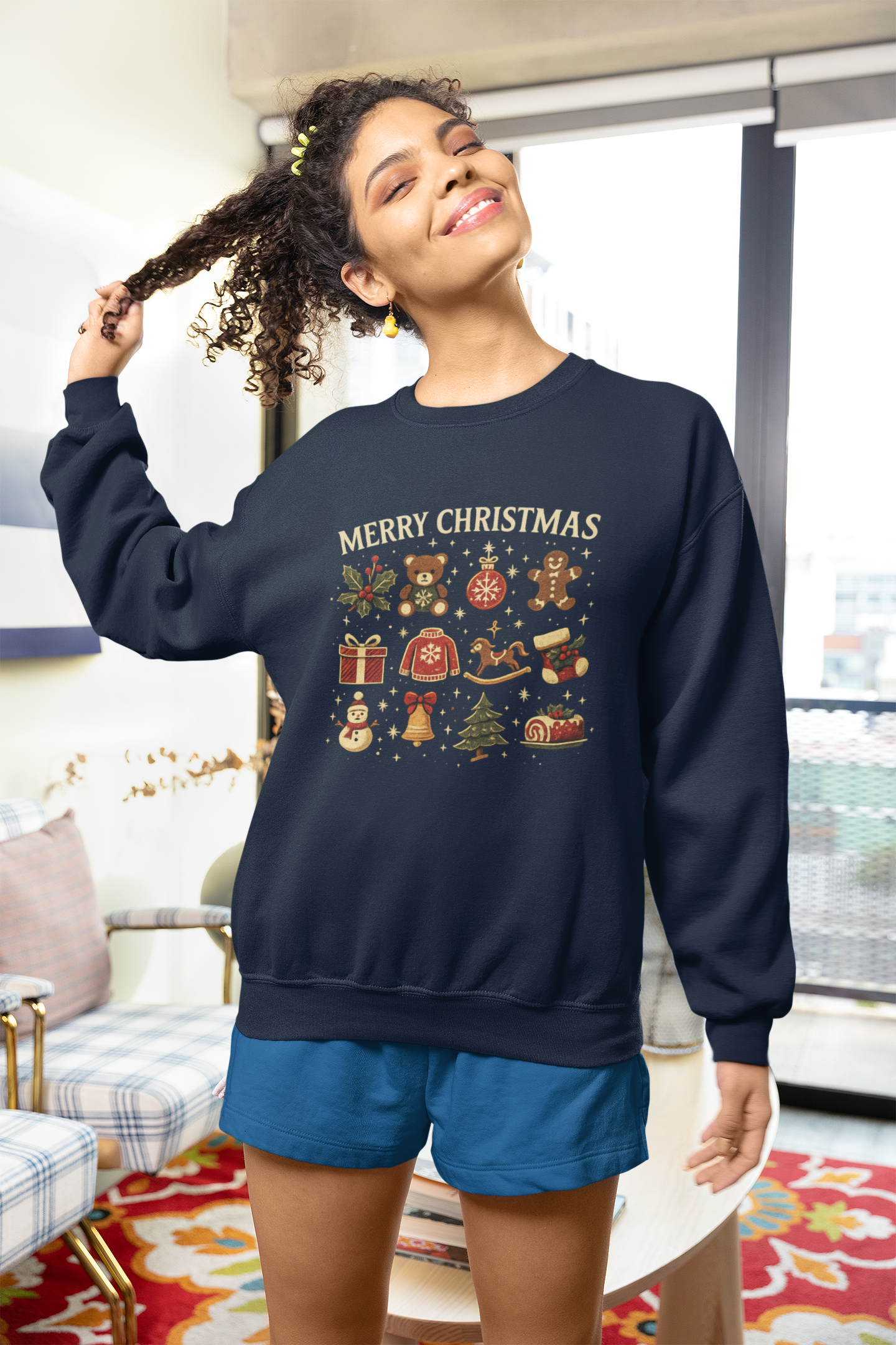 Christmas Icons Crewneck Sweatshirt — "Merry Christmas" Holiday Graphic