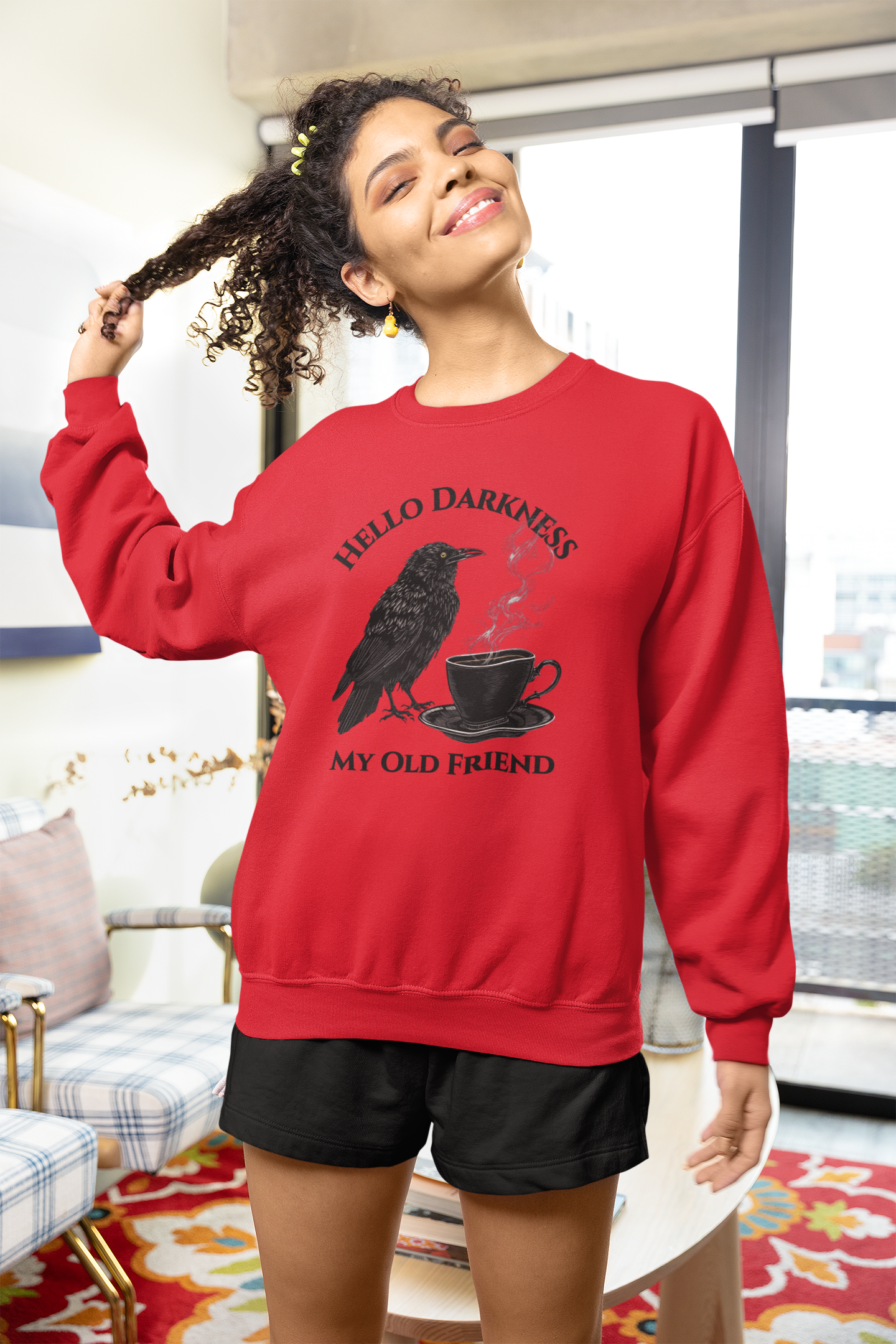 Sweatshirt — "Hello Darkness My Old Friend" Raven Coffee Crewneck