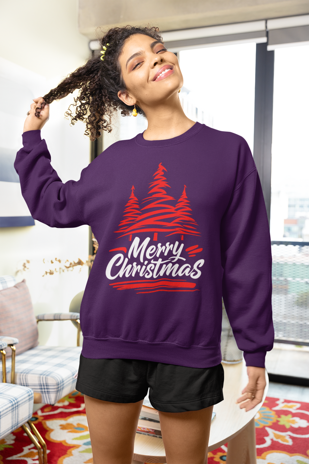 Merry Christmas Crewneck Sweatshirt — Red Tree Holiday Sweatshirt