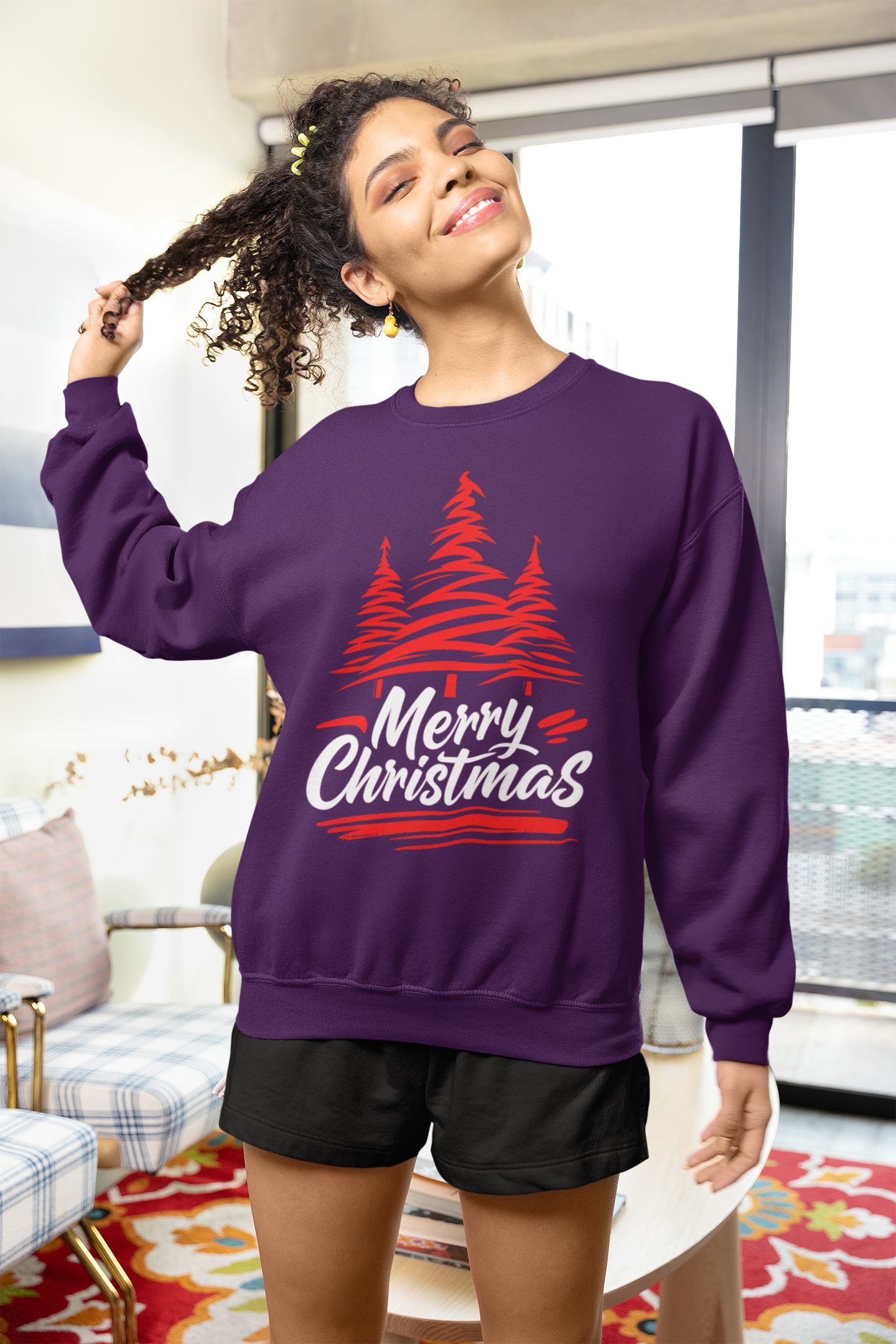 Merry Christmas Crewneck Sweatshirt — Red Tree Holiday Sweatshirt