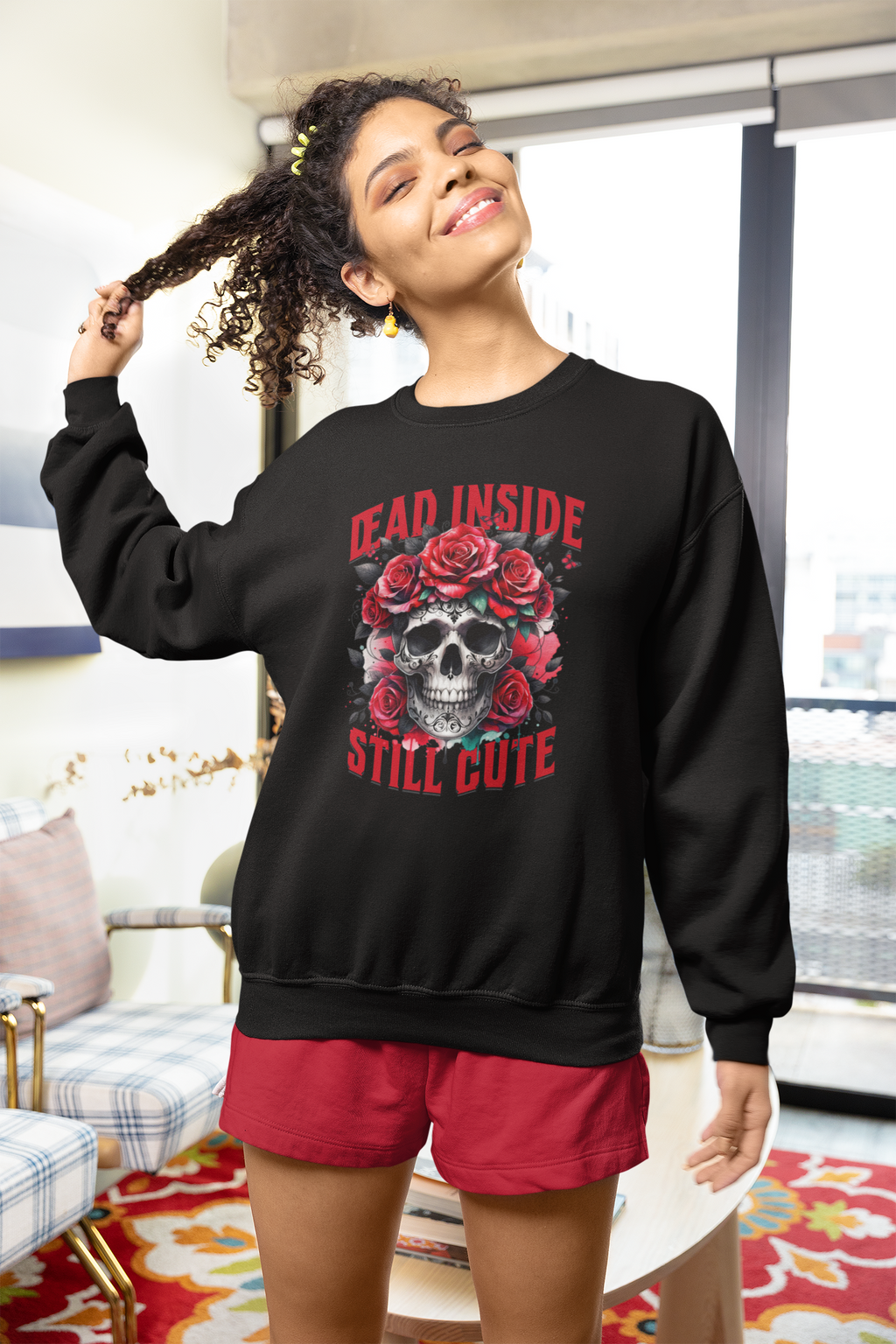 Dead Inside Still Cute Sweatshirt – Gothic Skull Rose Sweater, Dark Feminine Aesthetic Clothing, Alternative Cute Goth Pullover, Funny Goth Gift