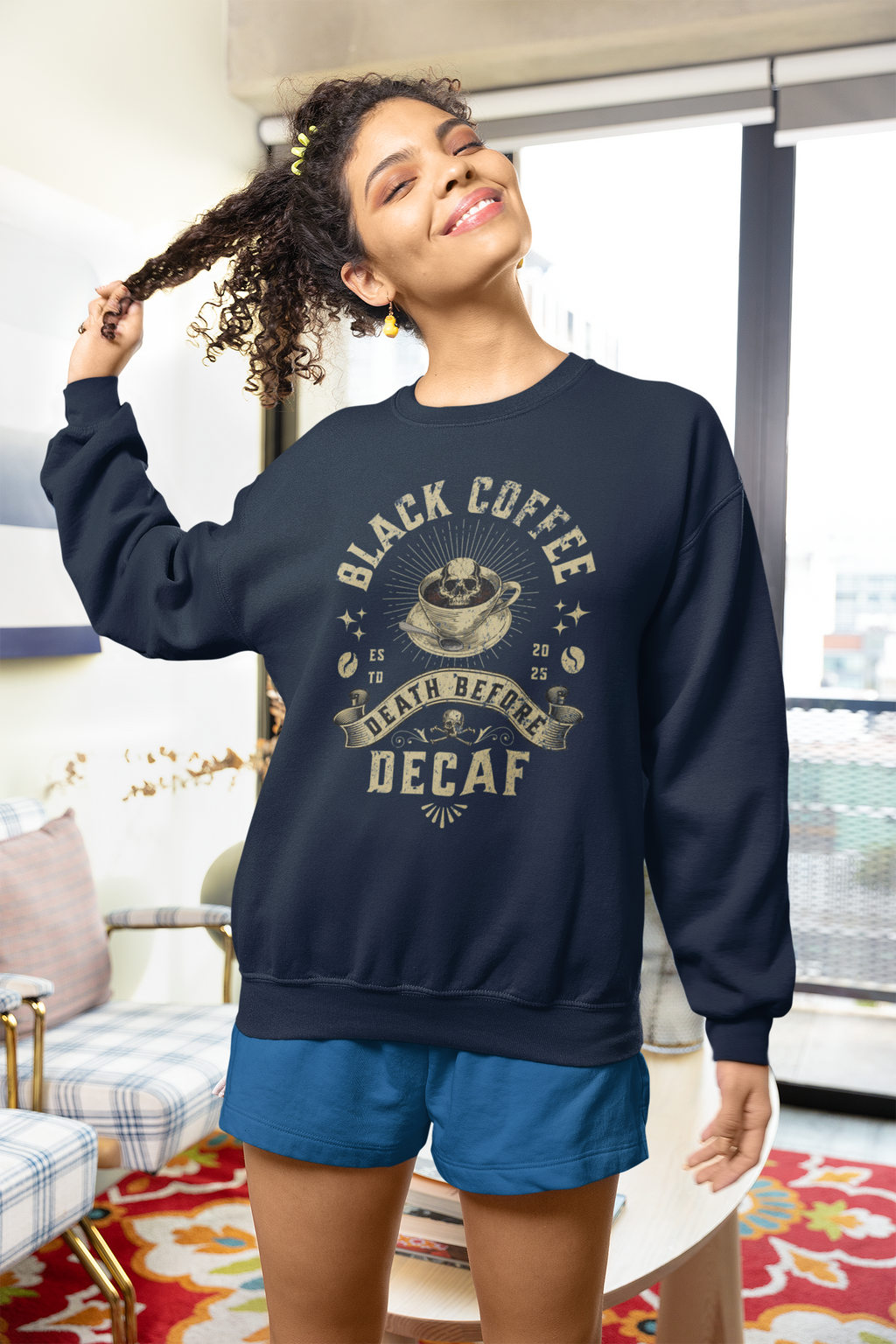 Decaf Black Coffee Crewneck Sweatshirt — Vintage Coffee Lover Pullover