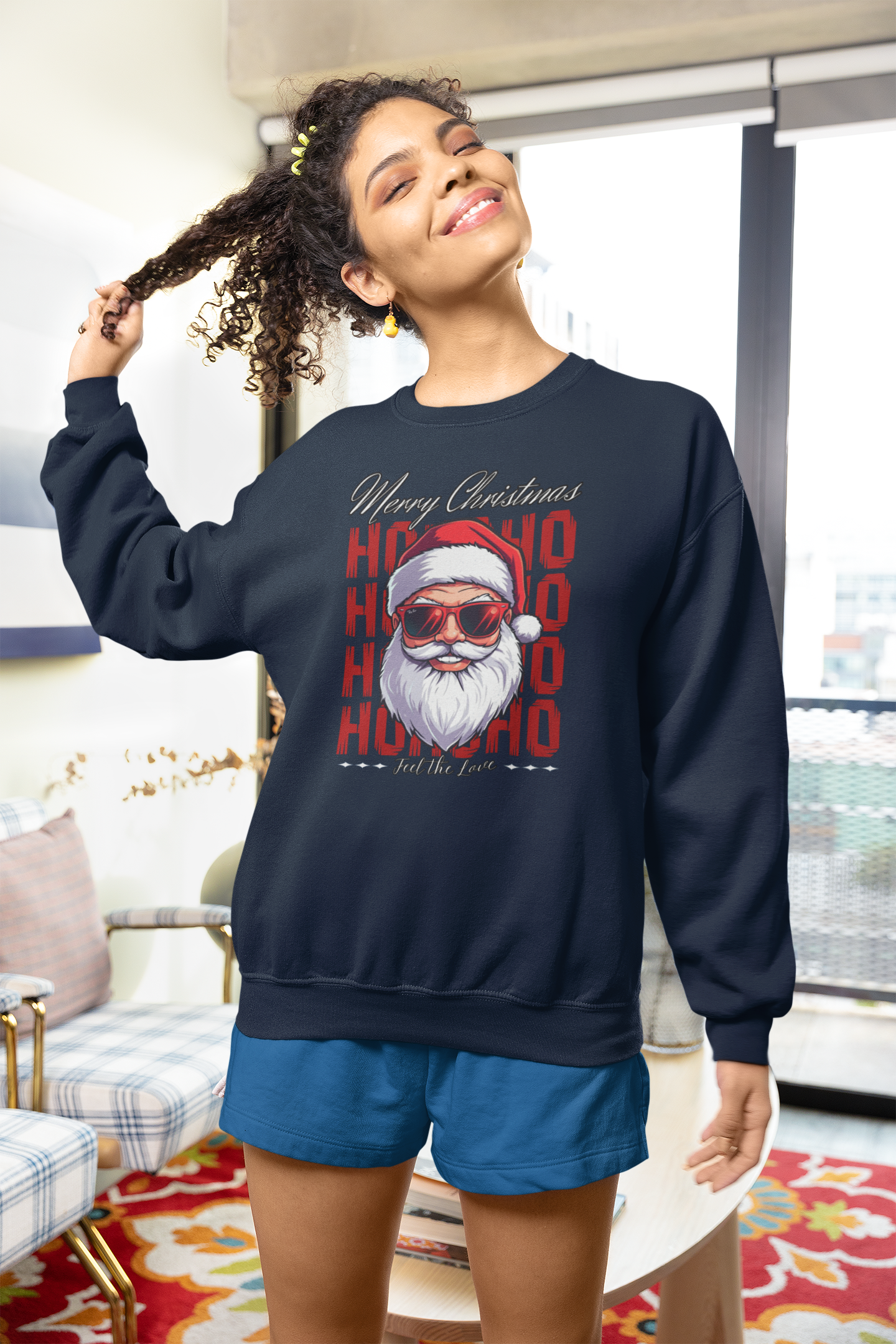 Christmas Santa Crewneck Sweatshirt — "Ho Ho Ho" Sunglasses Santa Holiday Jumper