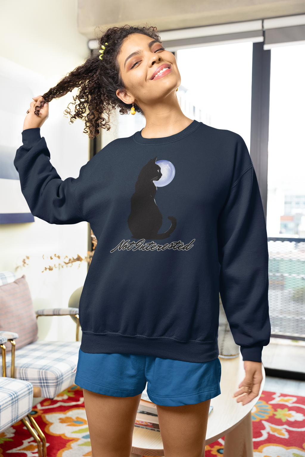 Cat Silhouette Moon Crewneck Sweatshirt – "Not Interested" Graphic