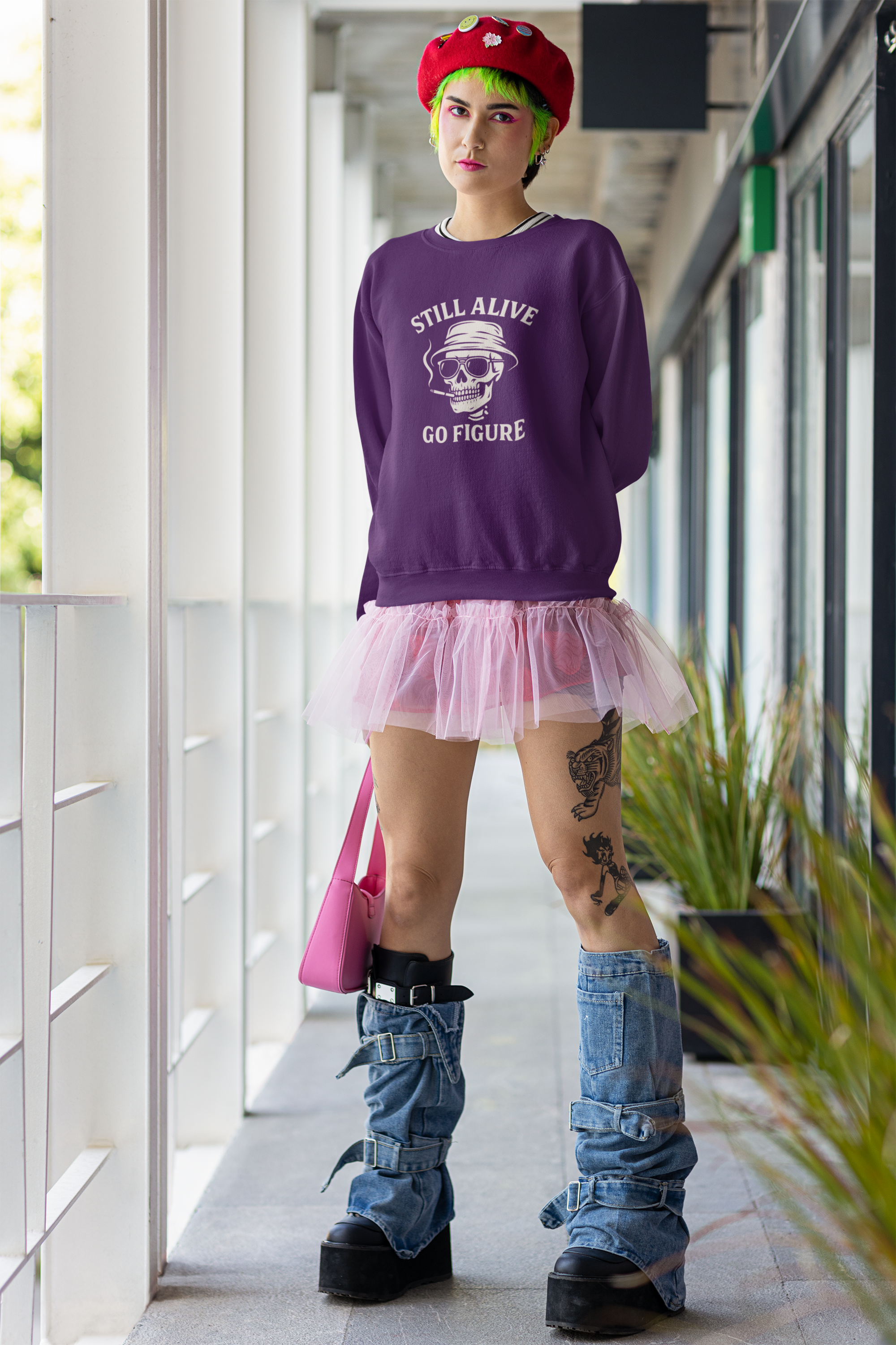 Crewneck Sweatshirt — "Still Alive Go Figure" Skull Vintage Graphic