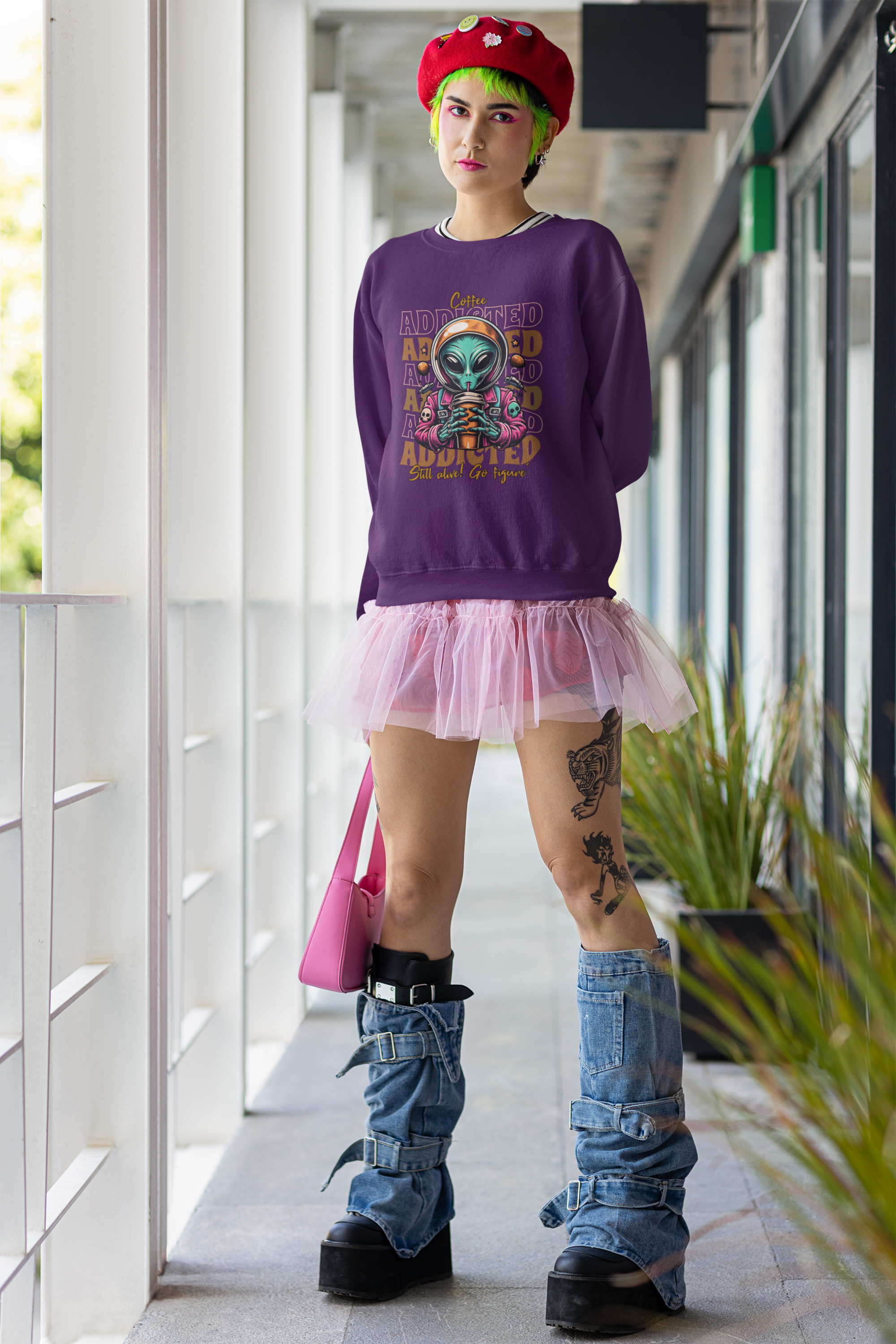 Coffee Addicted Alien Crewneck Sweatshirt – Graphic Space Coffee Lover Pullover