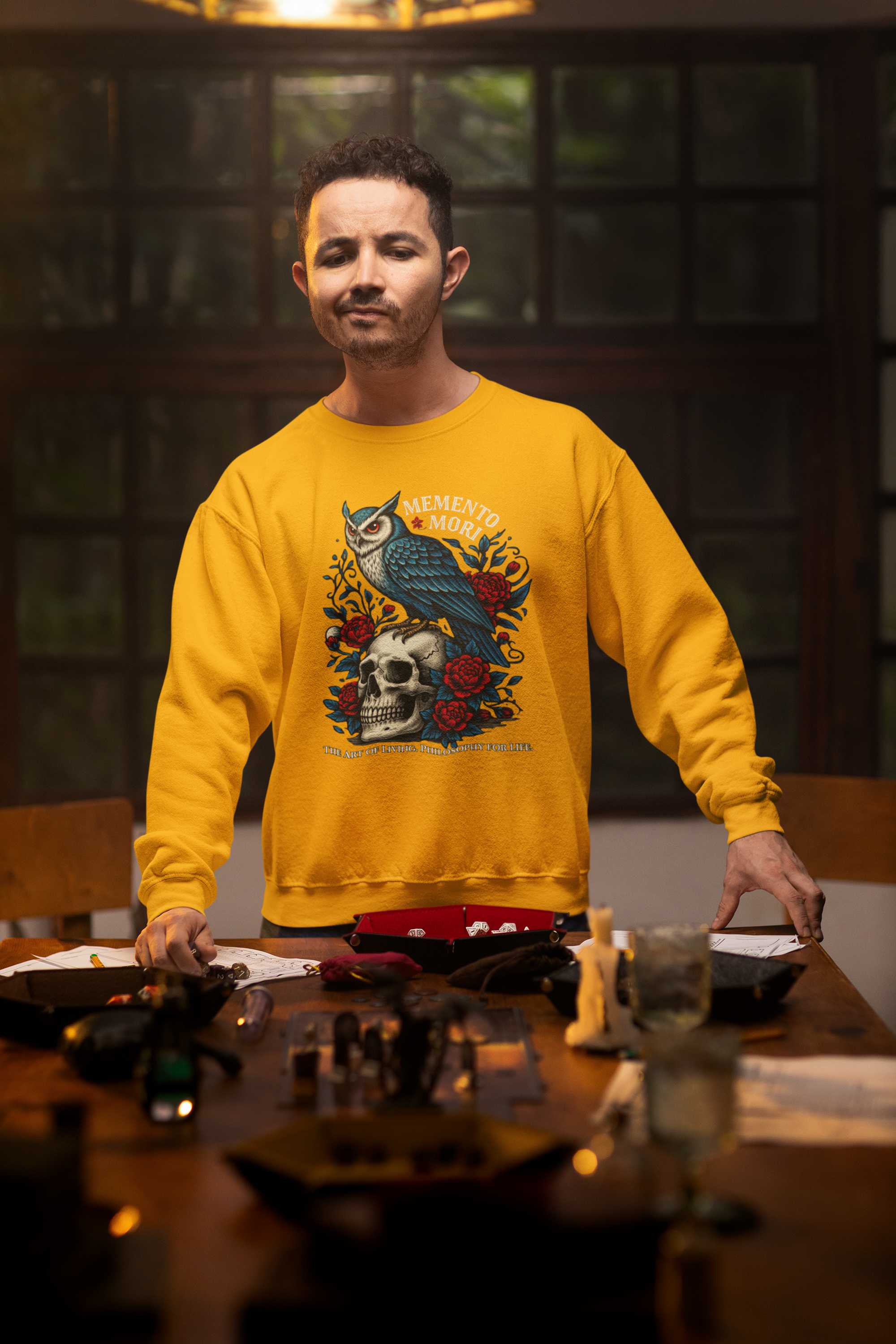 Memento Mori Sweatshirt – Gothic Owl and Skull Sweater, Dark Academia Aesthetic, Philosophy Clothing, Vintage Tattoo Art Pullover, Gothic Gift