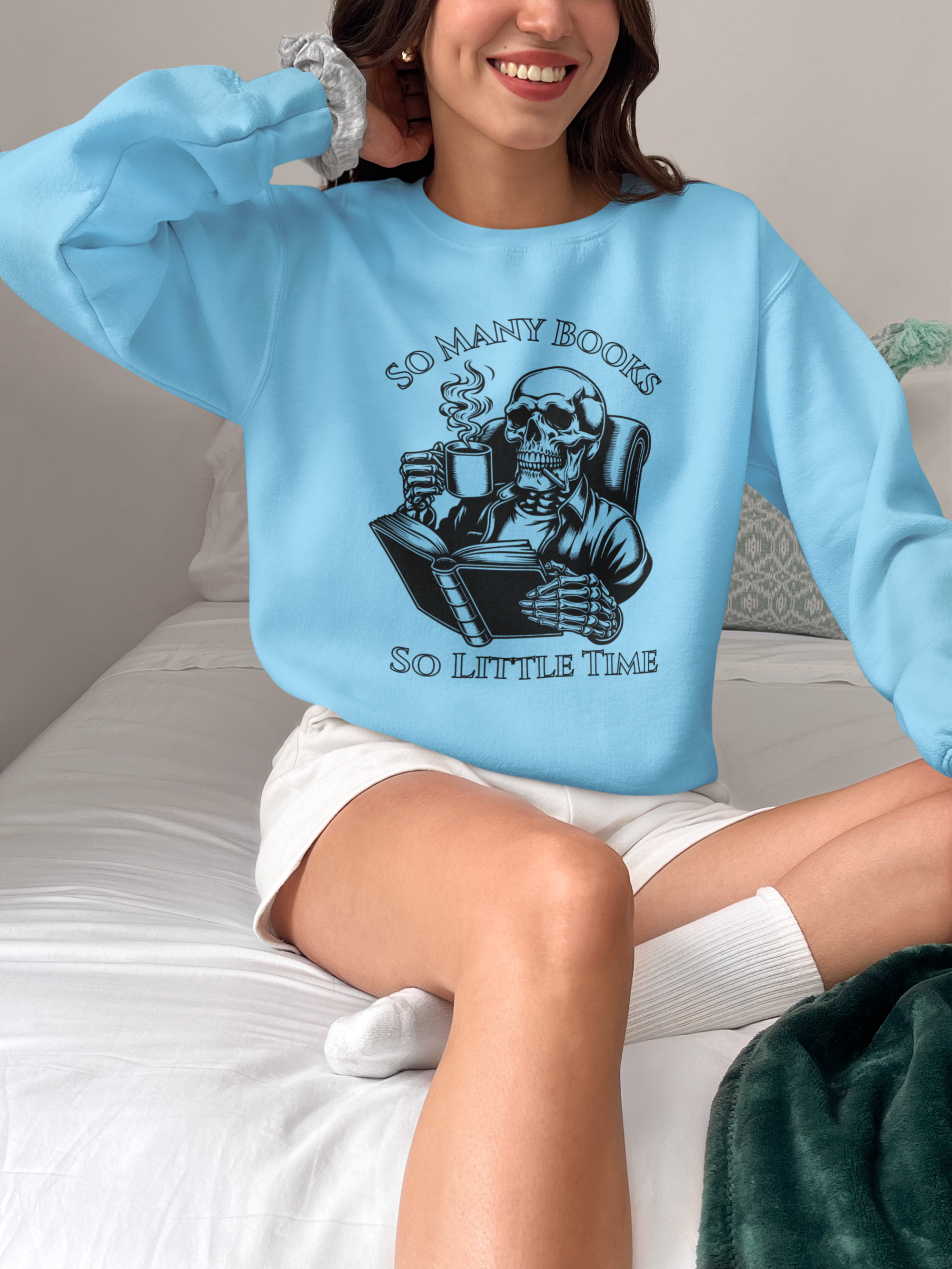 Reading Skull Crewneck Sweatshirt — "So Many Books, So Little Time"