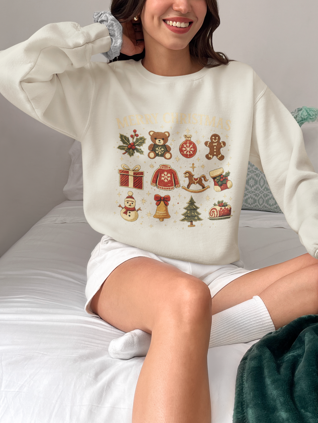 Christmas Icons Crewneck Sweatshirt — "Merry Christmas" Holiday Graphic