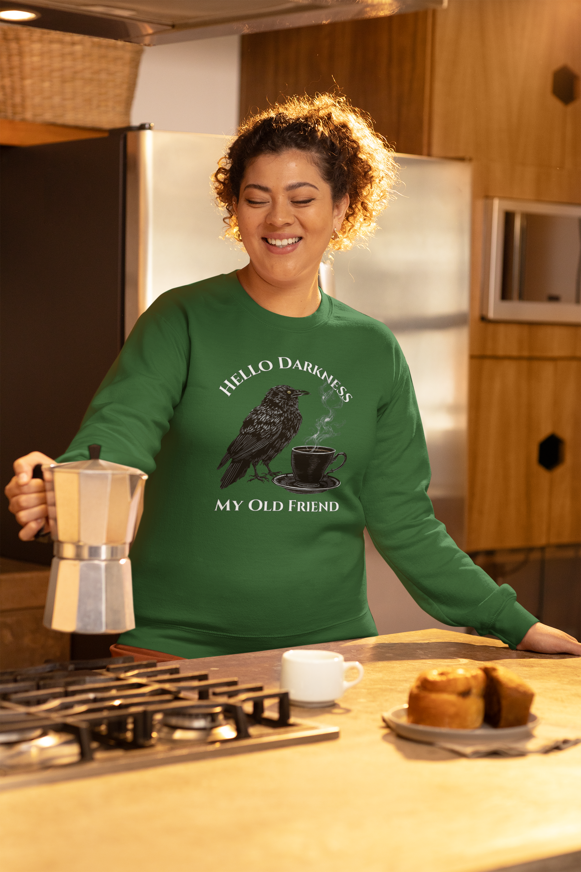 Raven Coffee Crewneck Sweatshirt — "Hello Darkness My Old Friend" Vintage Gothic Tee