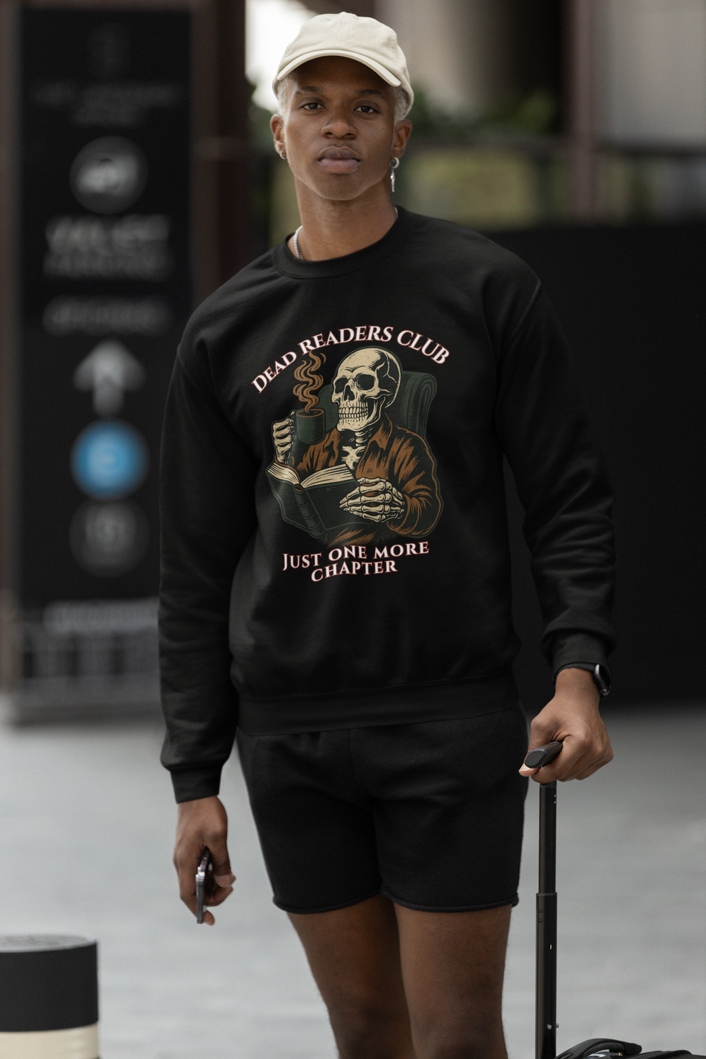 Crewneck Sweatshirt — "Dead Readers Club: Just One More Chapter" Skull Book Lover Graphic