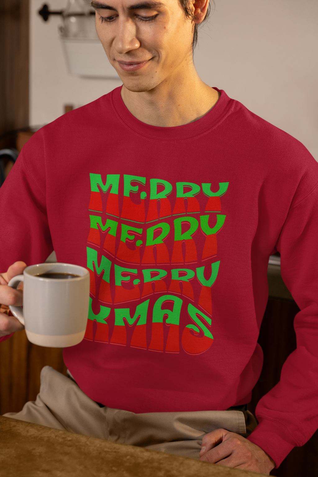 Christmas Crewneck Sweatshirt – Retro 'Merry Xmas' Red & Green Holiday Design