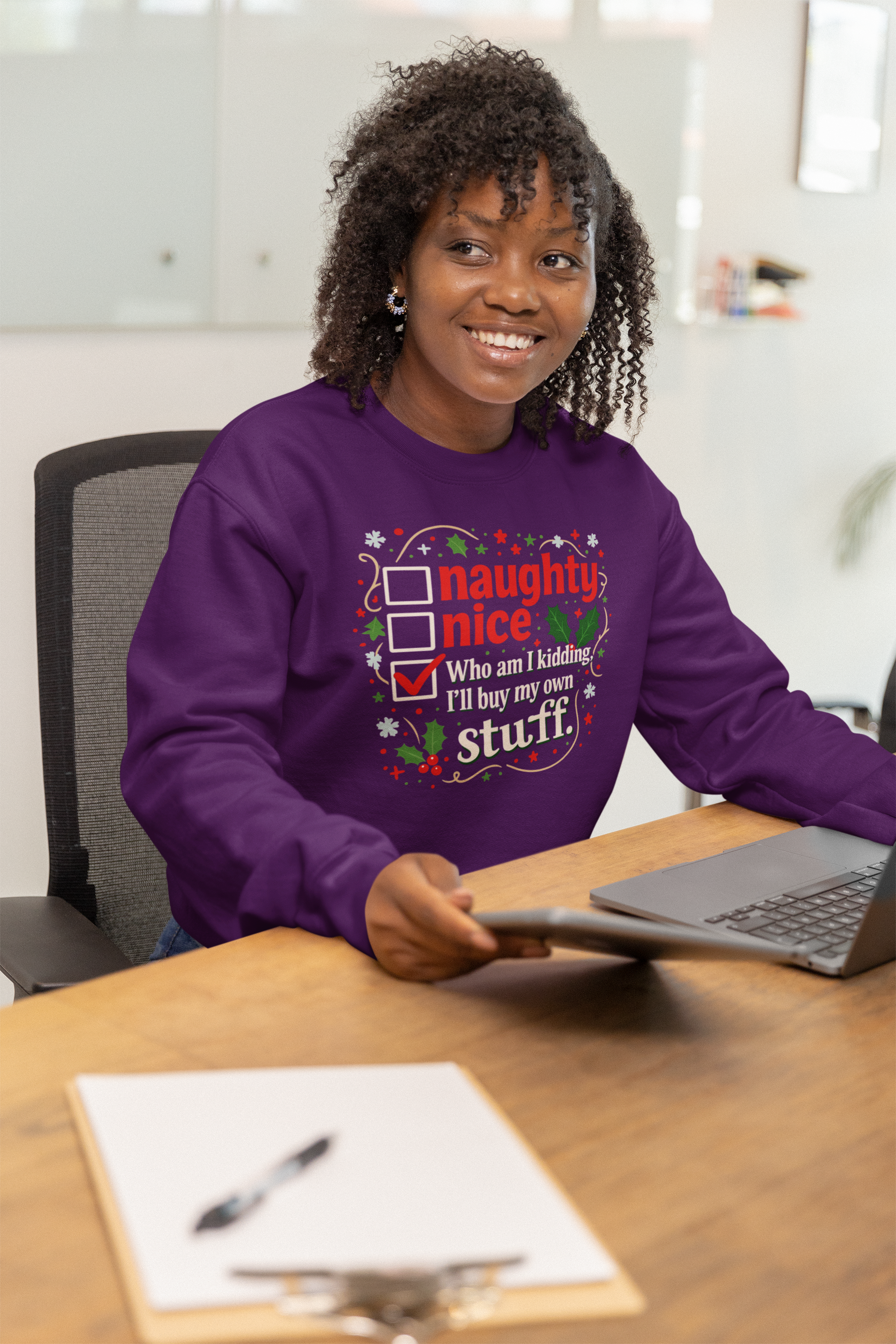 Funny Christmas Sweatshirt — “Naughty / Nice / Who am I kidding I’ll buy my own stuff” Holiday Crewneck