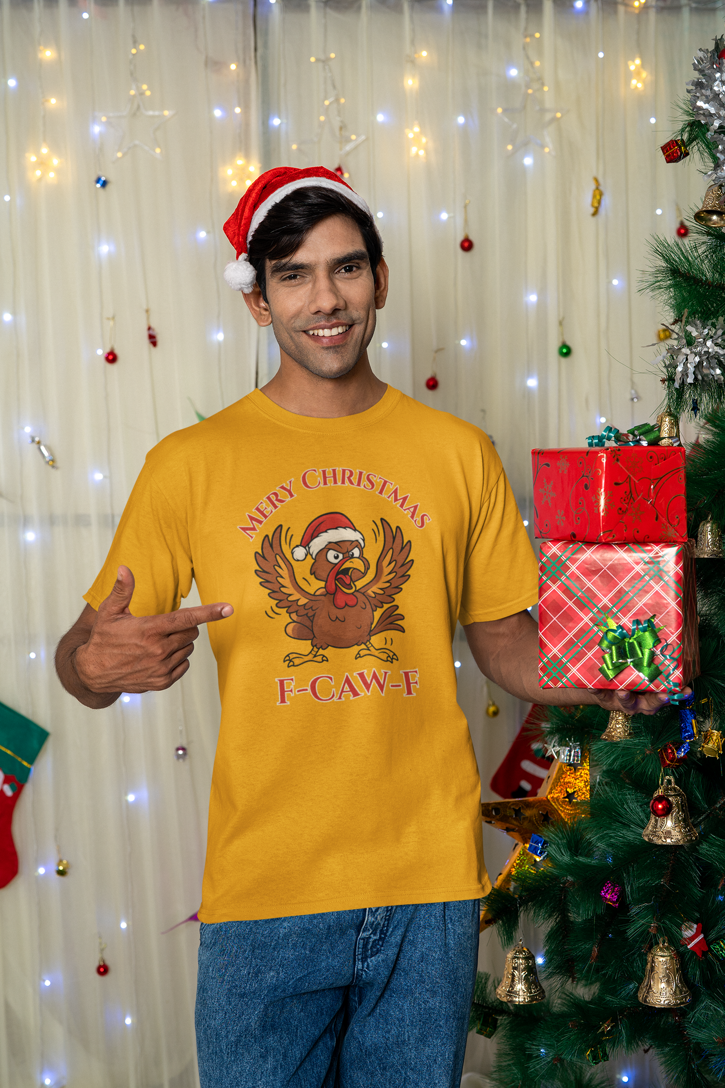 Funny Christmas Turkey Tee - "F-CAW-F" Unisex Short Sleeve T-Shirt