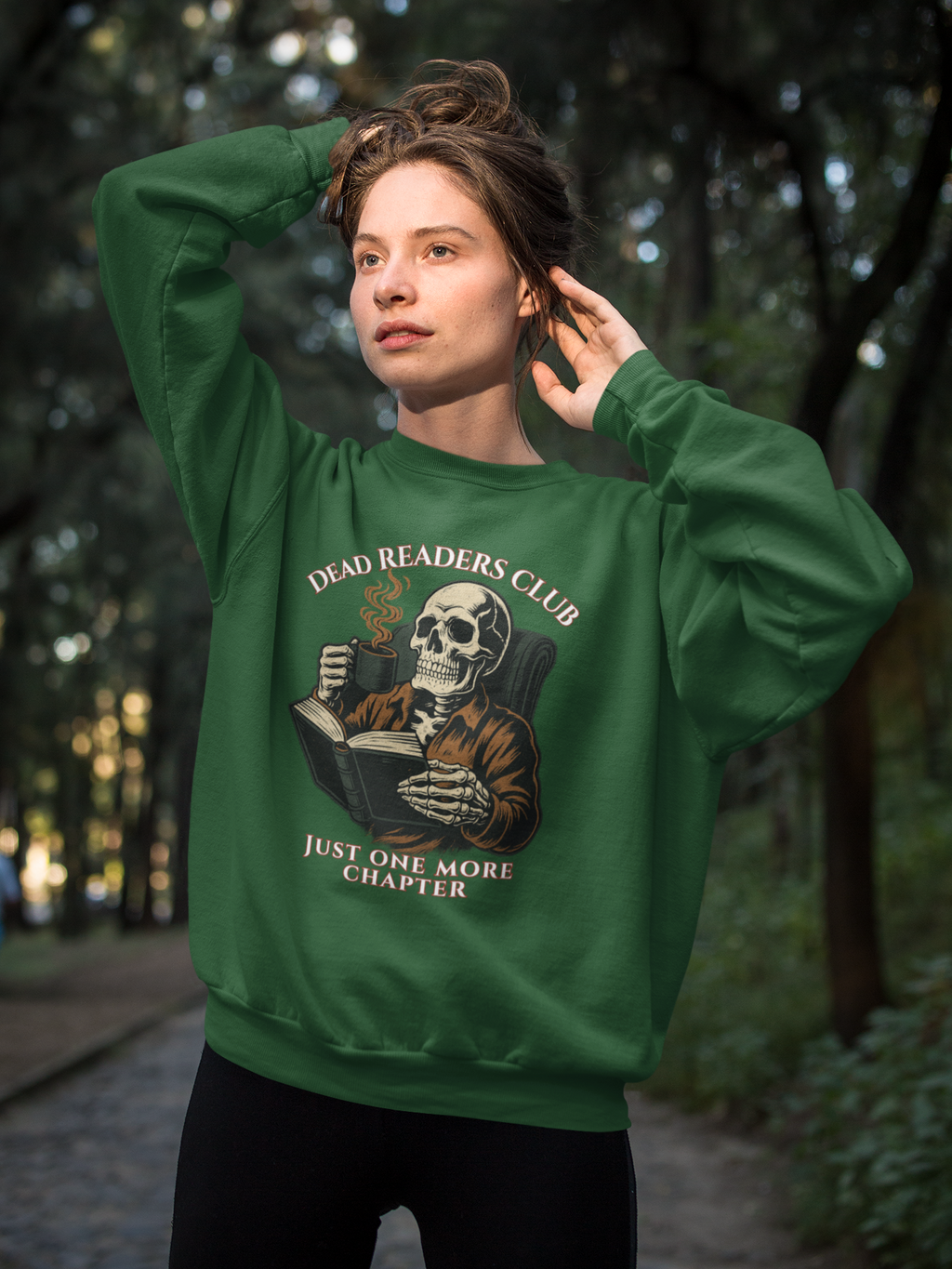 Crewneck Sweatshirt — "Dead Readers Club: Just One More Chapter" Skull Book Lover Graphic