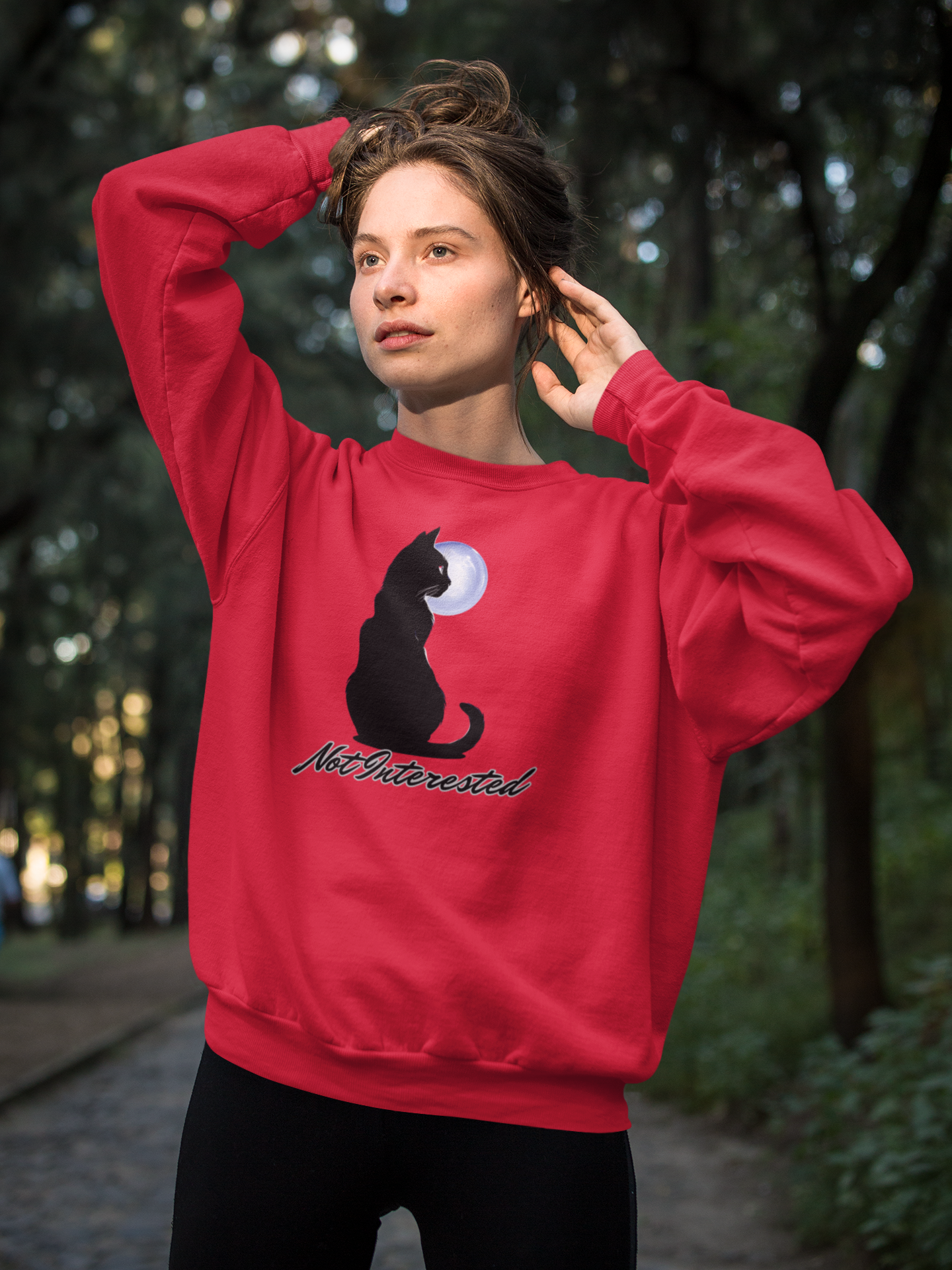 Cat Silhouette Moon Crewneck Sweatshirt – "Not Interested" Graphic