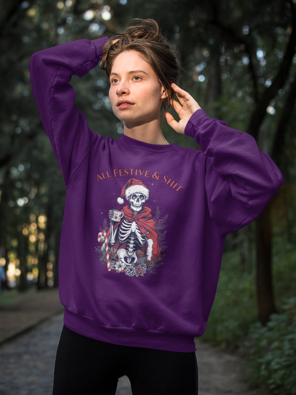 Sweatshirt — "All Festive & Shit" Skeleton Santa Holiday Crewneck