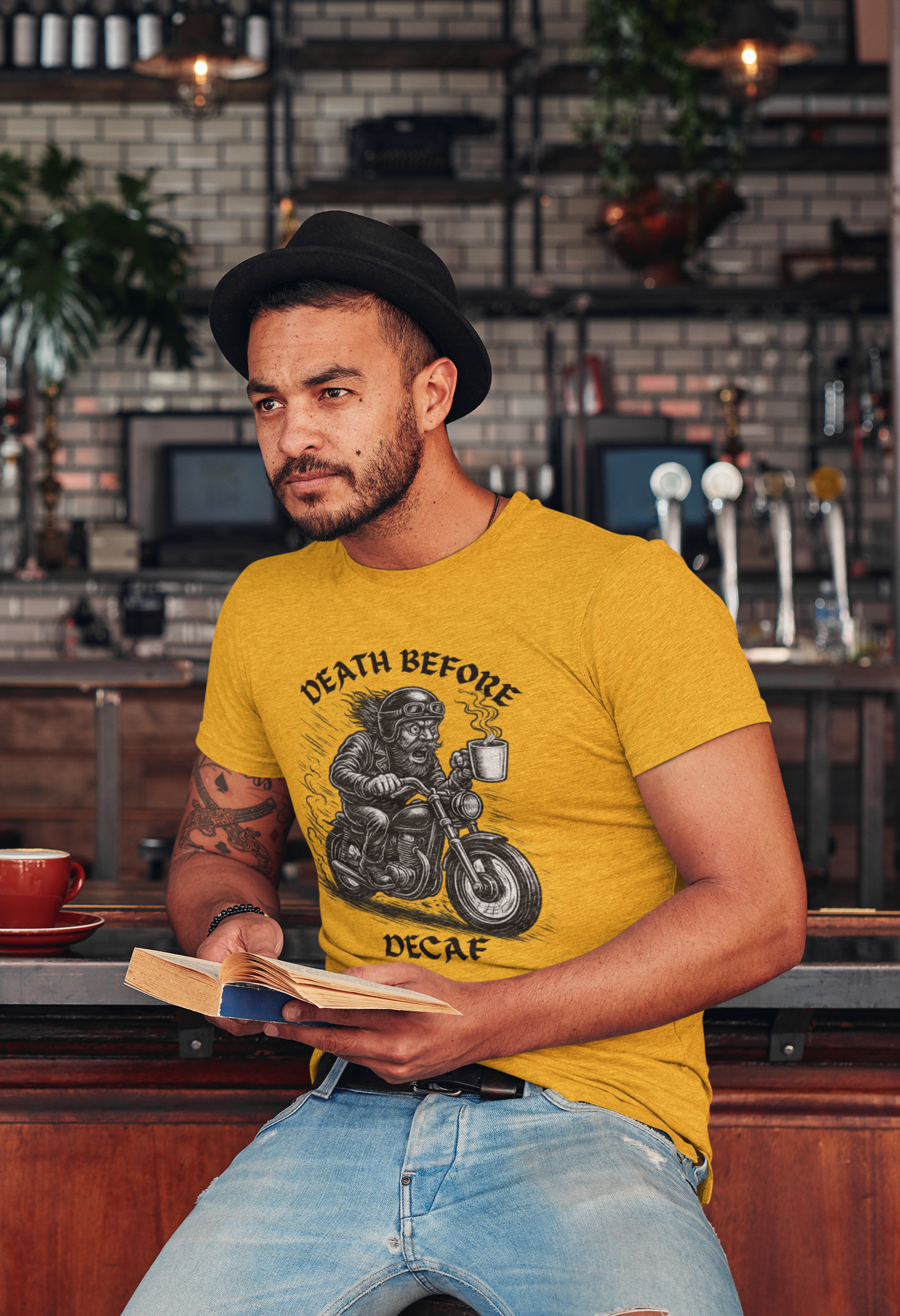 Unisex Heavy Cotton Tee - Death Before Decaf, Coffee Lover Shirt, Biker Tee, Unique Gift, Motorcycle Enthusiast Apparel