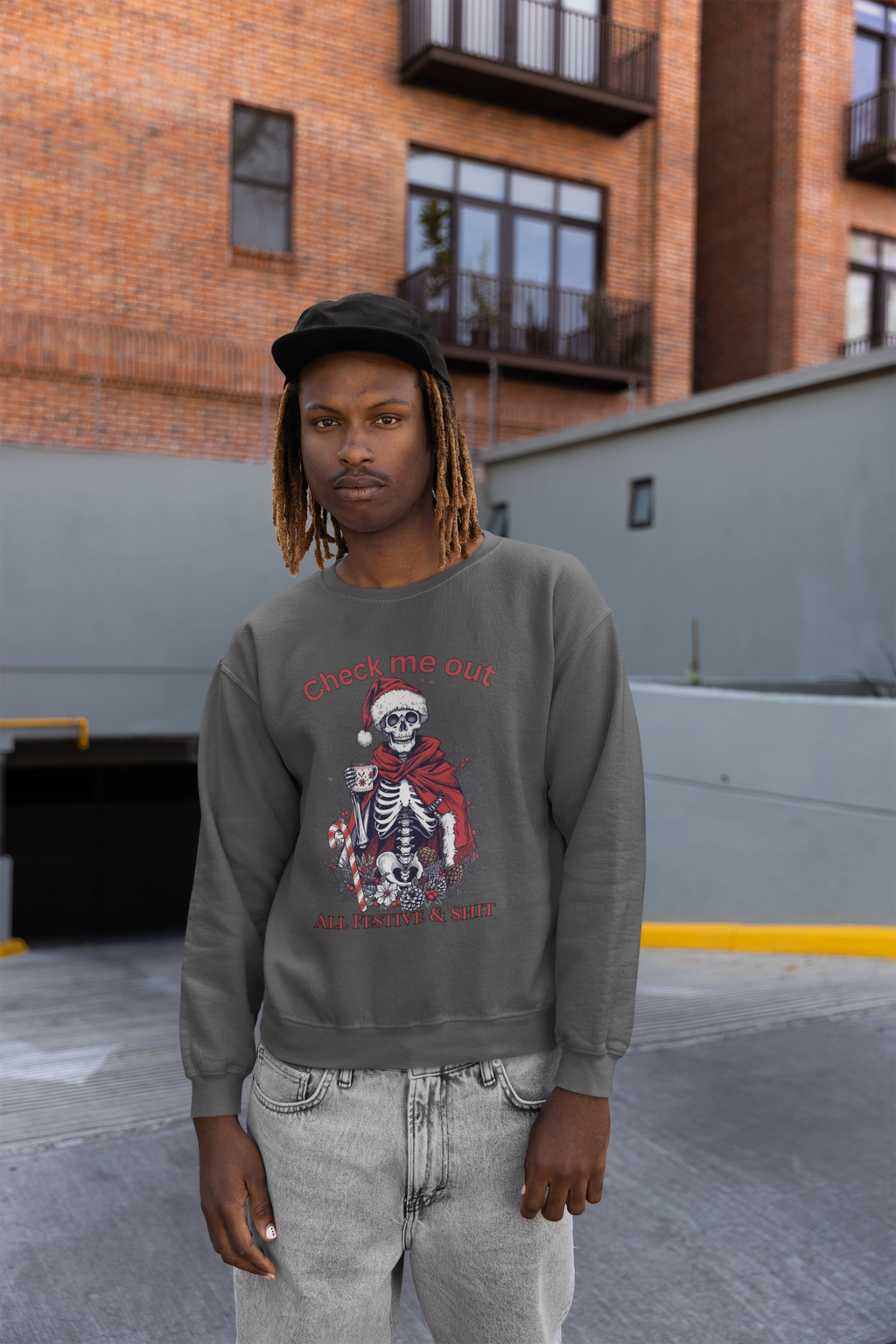 Festive Skeleton Crewneck Sweatshirt — "Check Me Out, All Festive & Shit" Holiday Pullover
