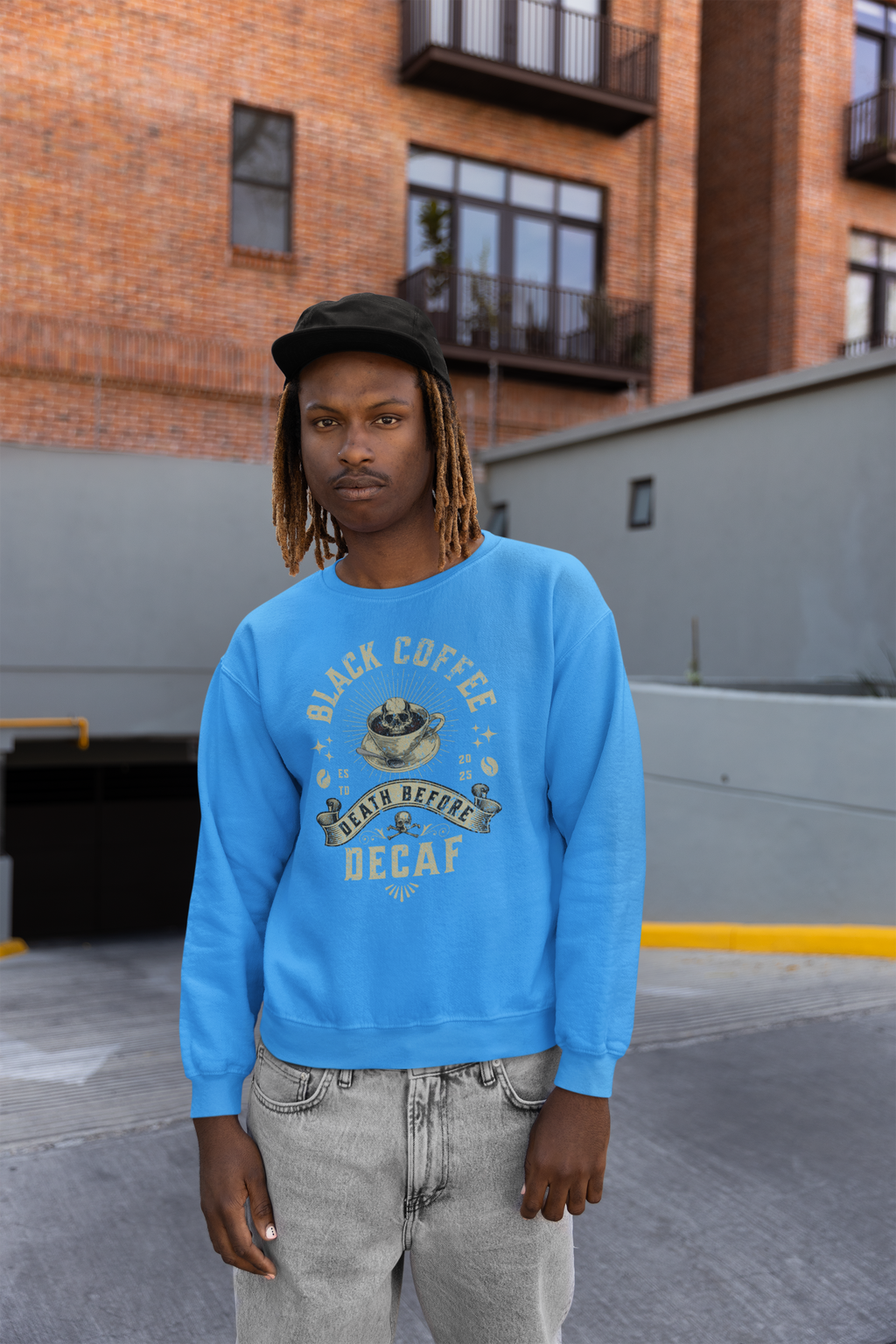 Decaf Black Coffee Crewneck Sweatshirt — Vintage Coffee Lover Pullover