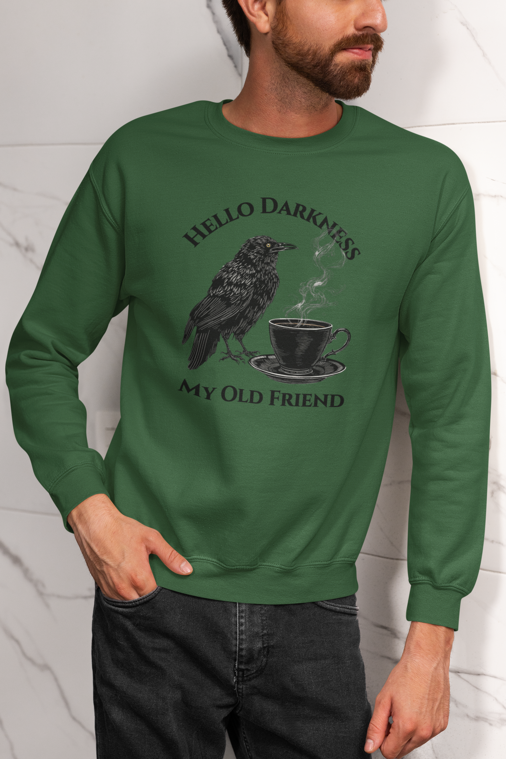 Sweatshirt — "Hello Darkness My Old Friend" Raven Coffee Crewneck