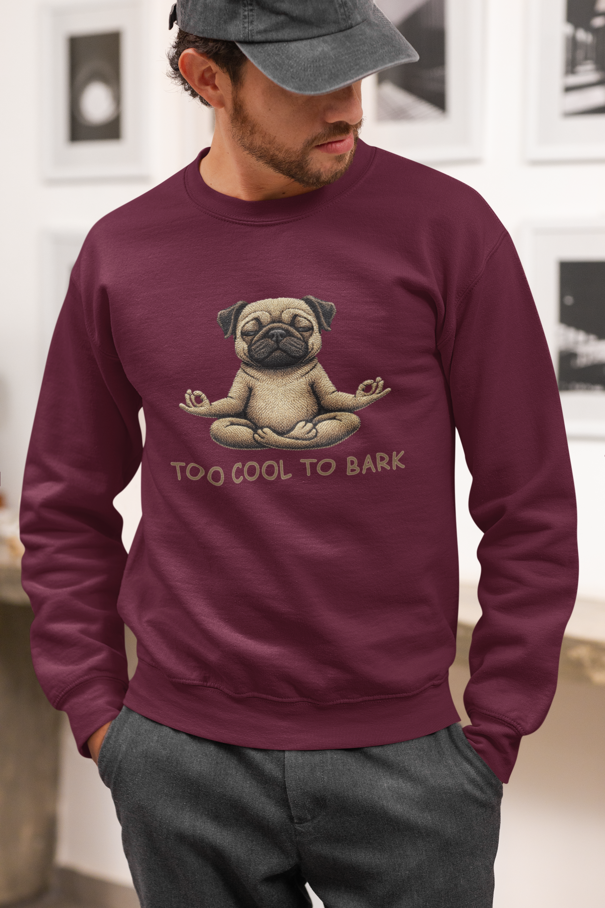 Pug Yoga Sweatshirt – "Too Cool to Bark" Cozy Crewneck