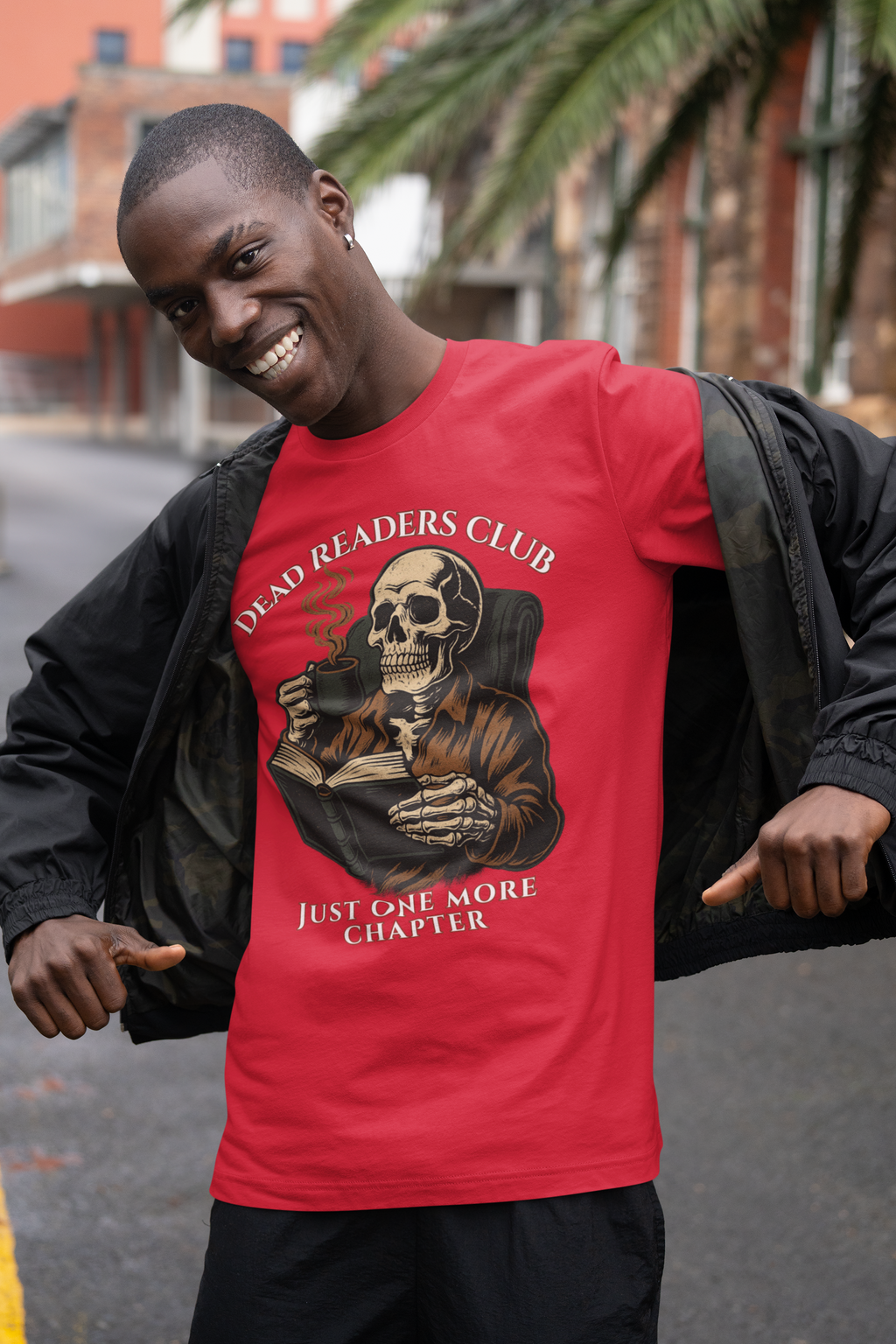 Dead Readers Club T-Shirt — 'Just One More Chapter' Skeleton Reading Tee