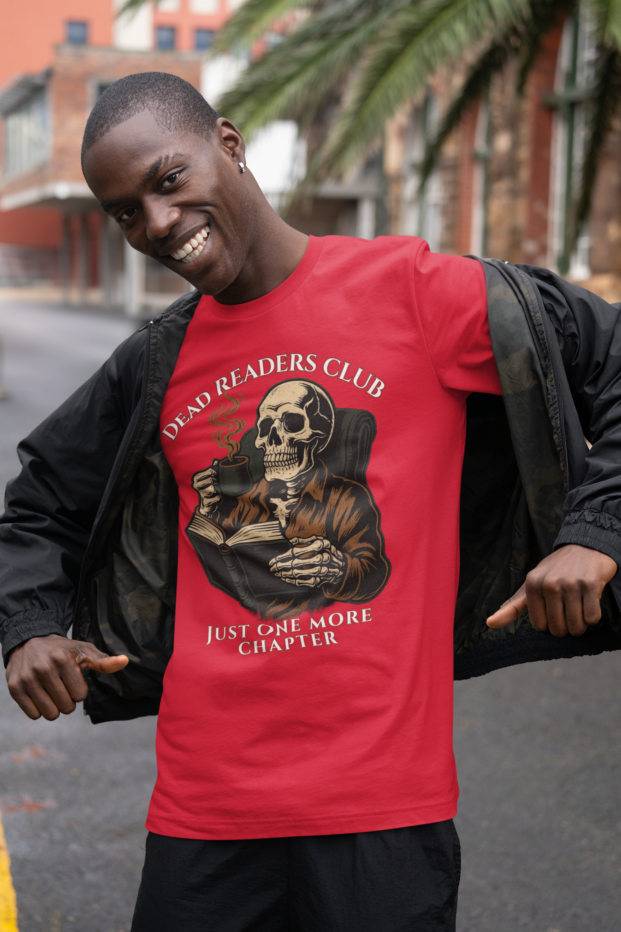 Dead Readers Club T-Shirt — 'Just One More Chapter' Skeleton Reading Tee