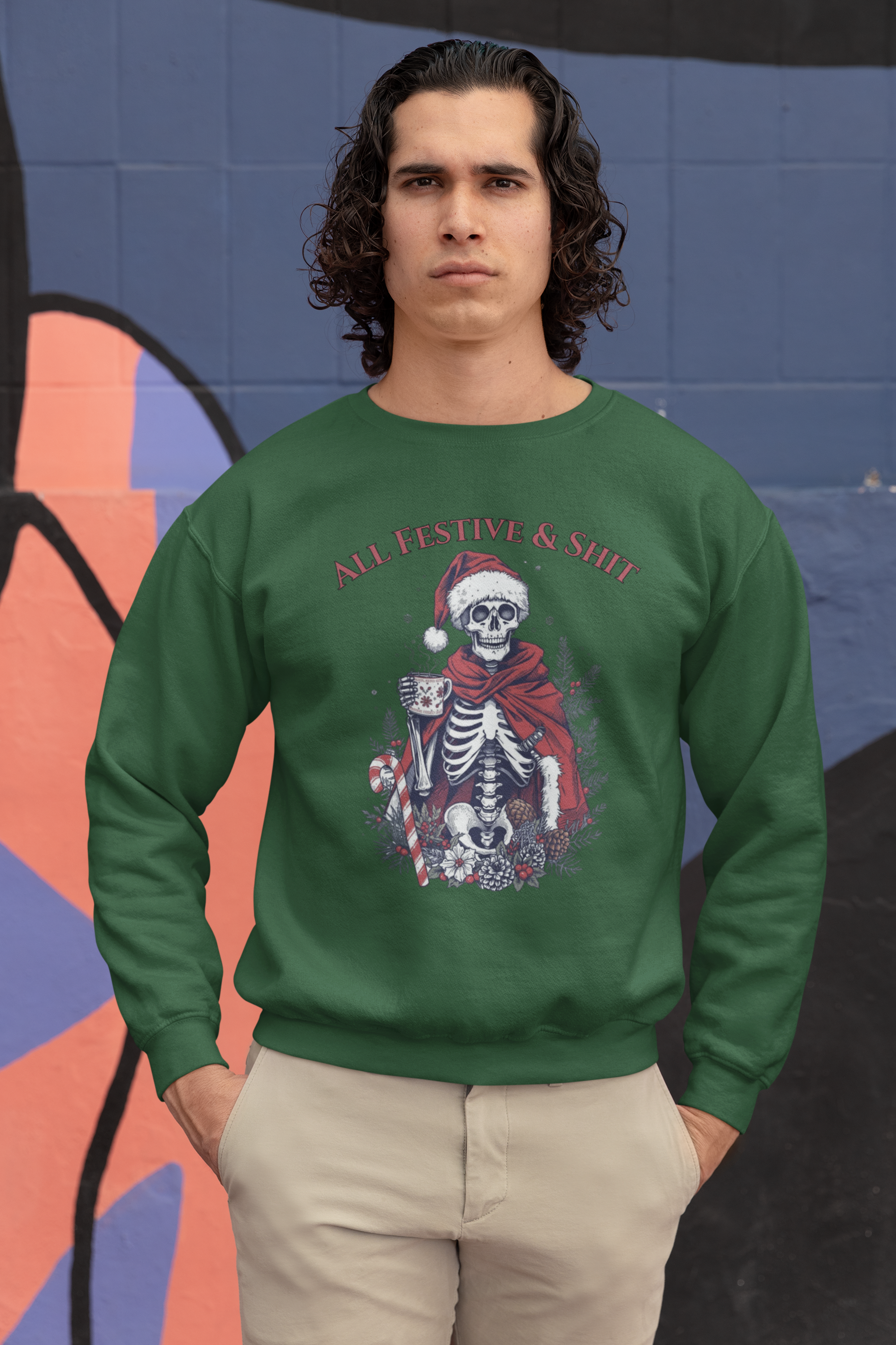 Sweatshirt — "All Festive & Shit" Skeleton Santa Holiday Crewneck