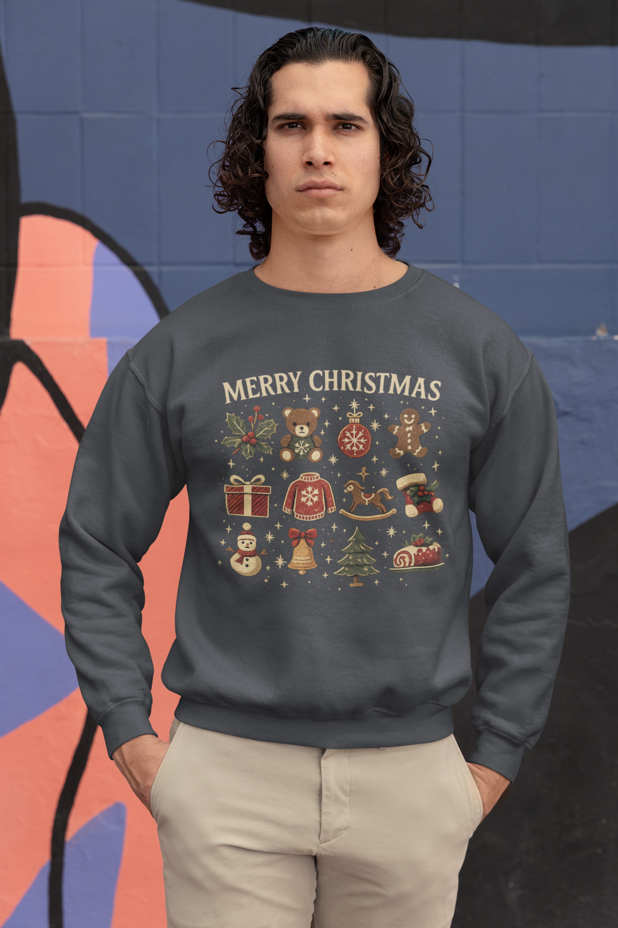 Christmas Icons Crewneck Sweatshirt — "Merry Christmas" Holiday Graphic