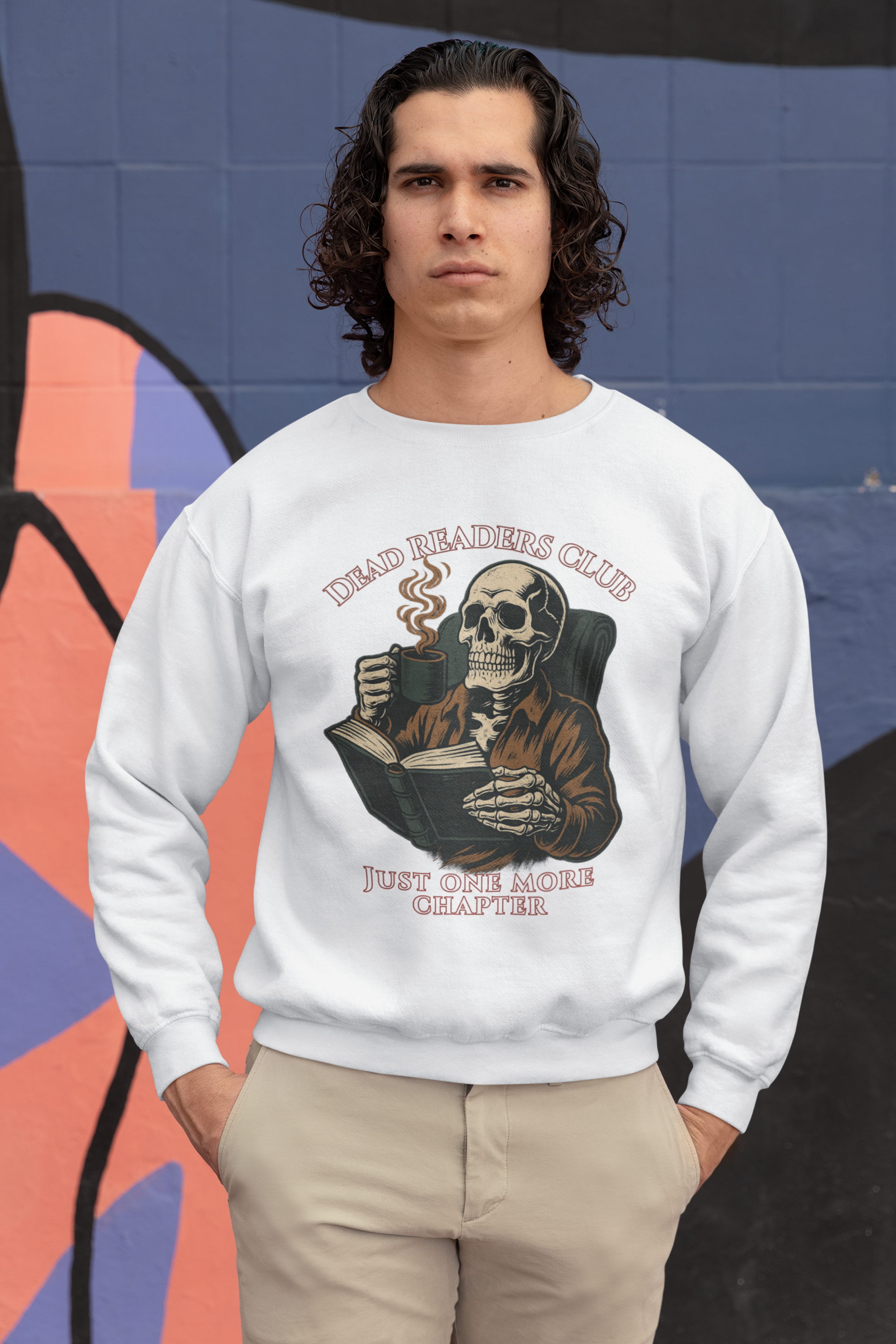 Crewneck Sweatshirt — "Dead Readers Club: Just One More Chapter" Skull Book Lover Graphic
