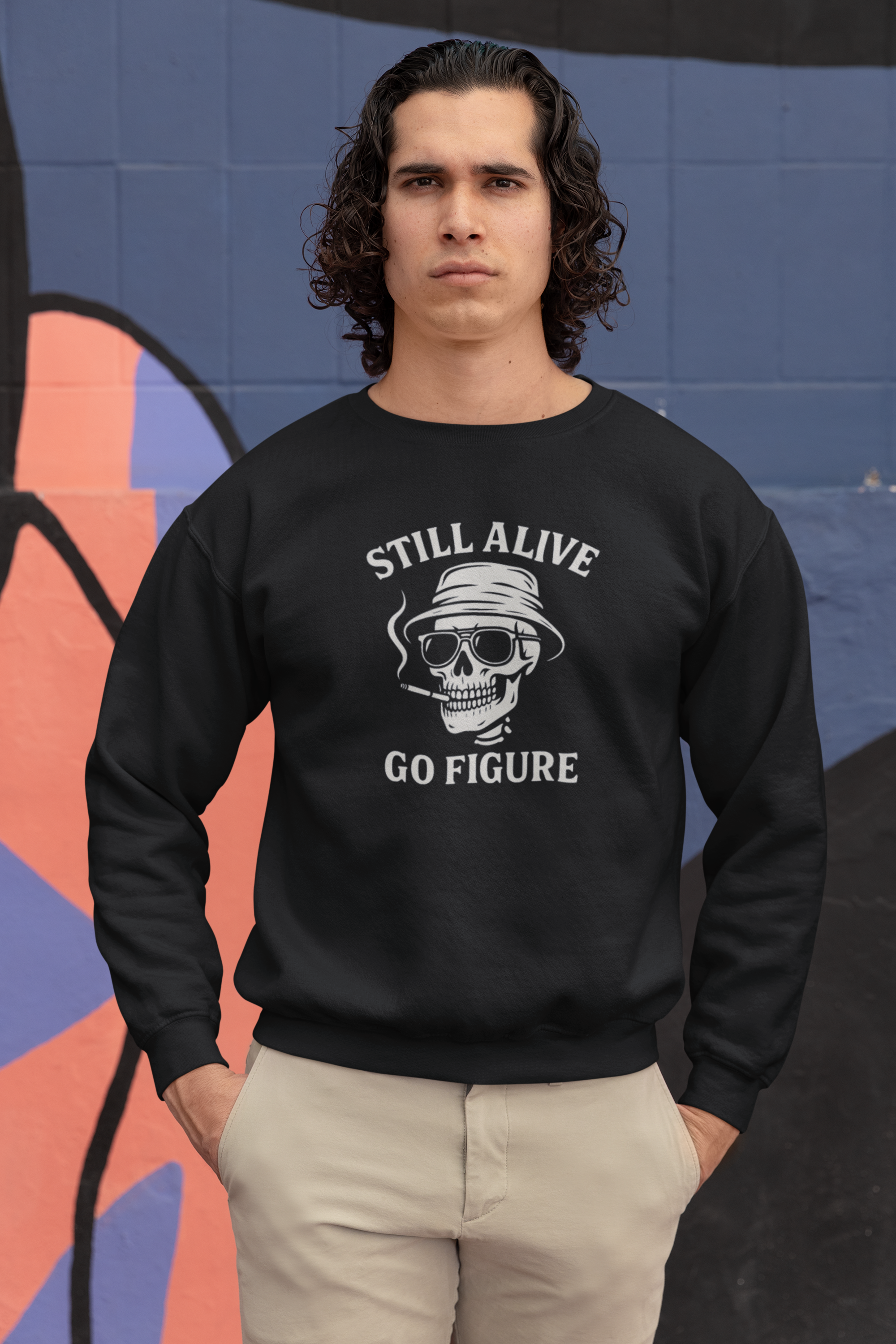 Crewneck Sweatshirt — "Still Alive Go Figure" Skull Vintage Graphic