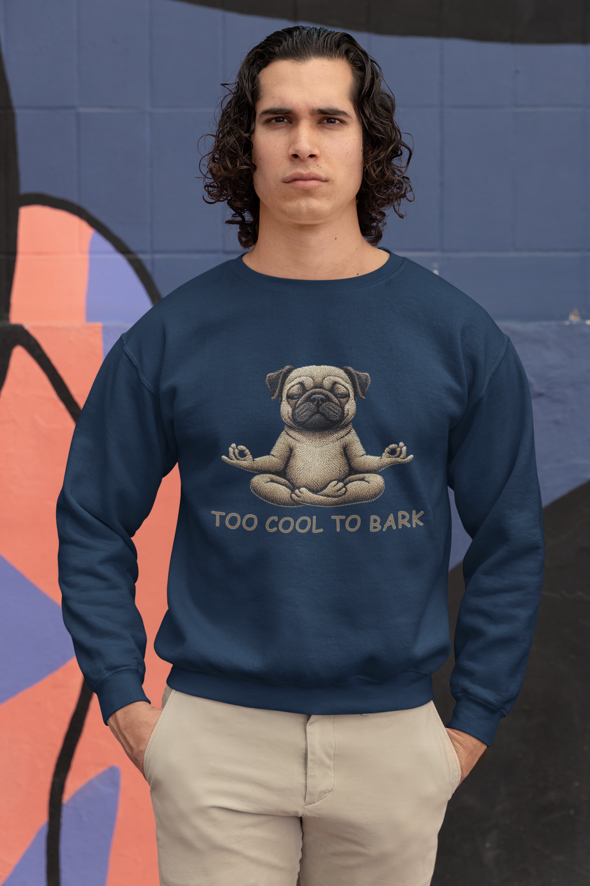 Pug Yoga Sweatshirt – "Too Cool to Bark" Cozy Crewneck