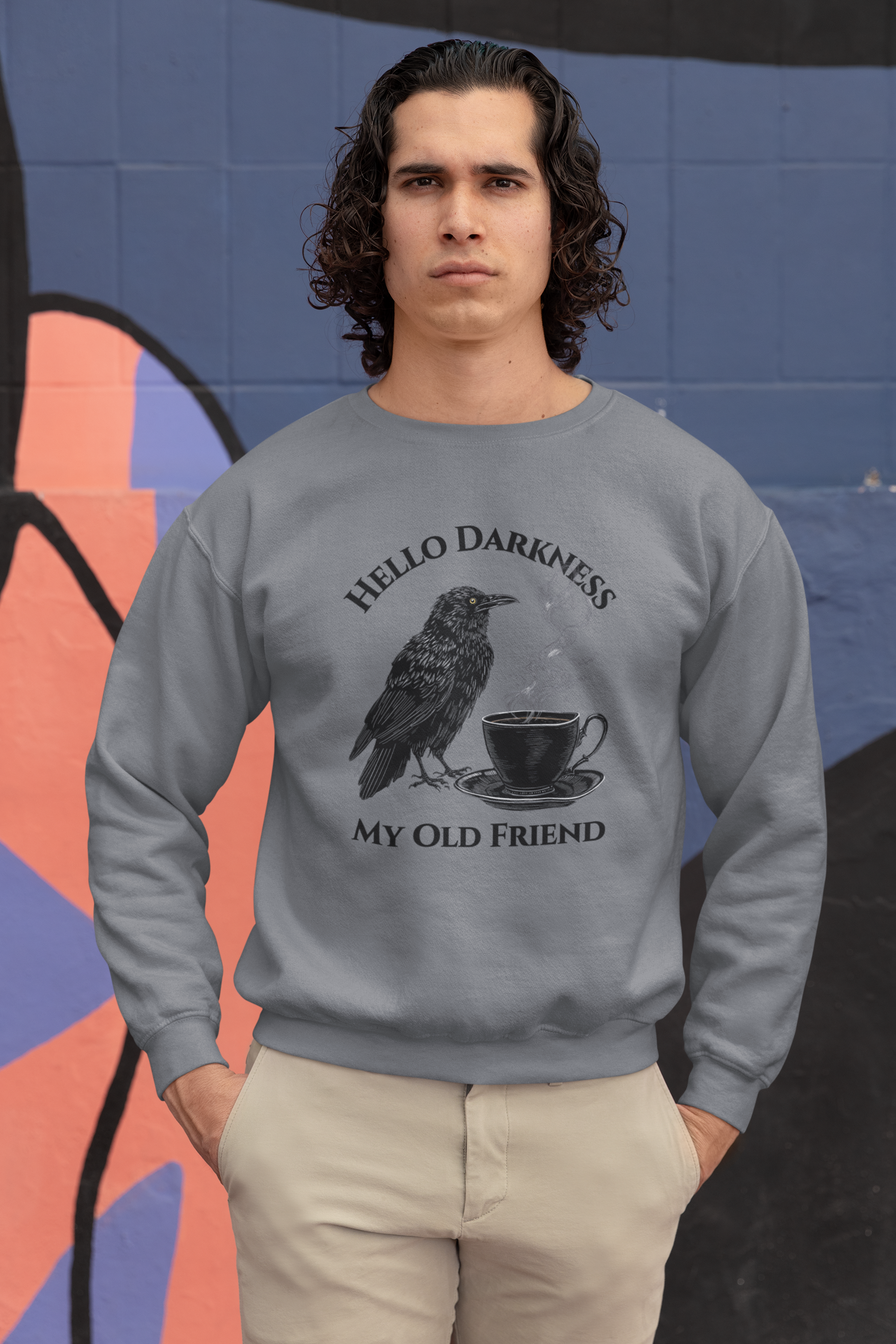 Sweatshirt — "Hello Darkness My Old Friend" Raven Coffee Crewneck