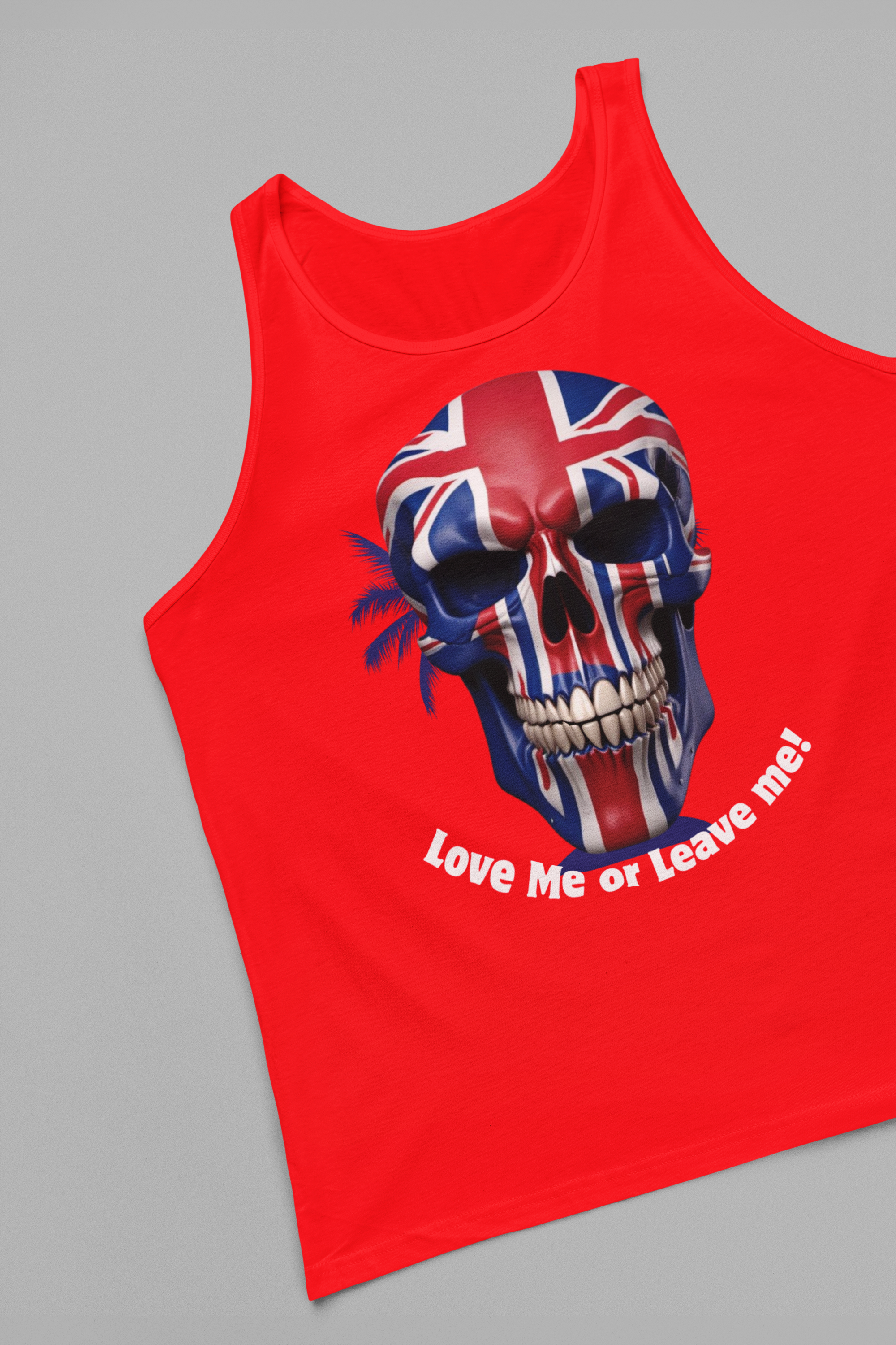 Union Jack Skull Unisex Jersey Tank - Love Me or Leave Me, Festival Top, Summer Wear, Music Event Shirt, Edgy Fashion
