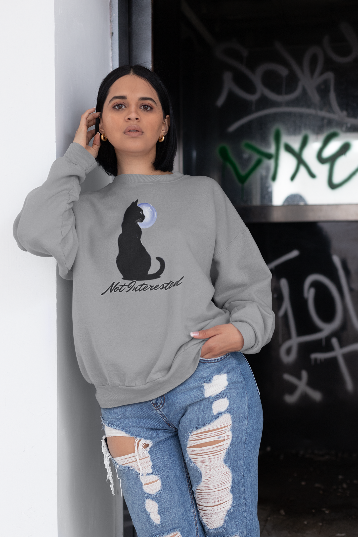 Cat Silhouette Moon Crewneck Sweatshirt – "Not Interested" Graphic