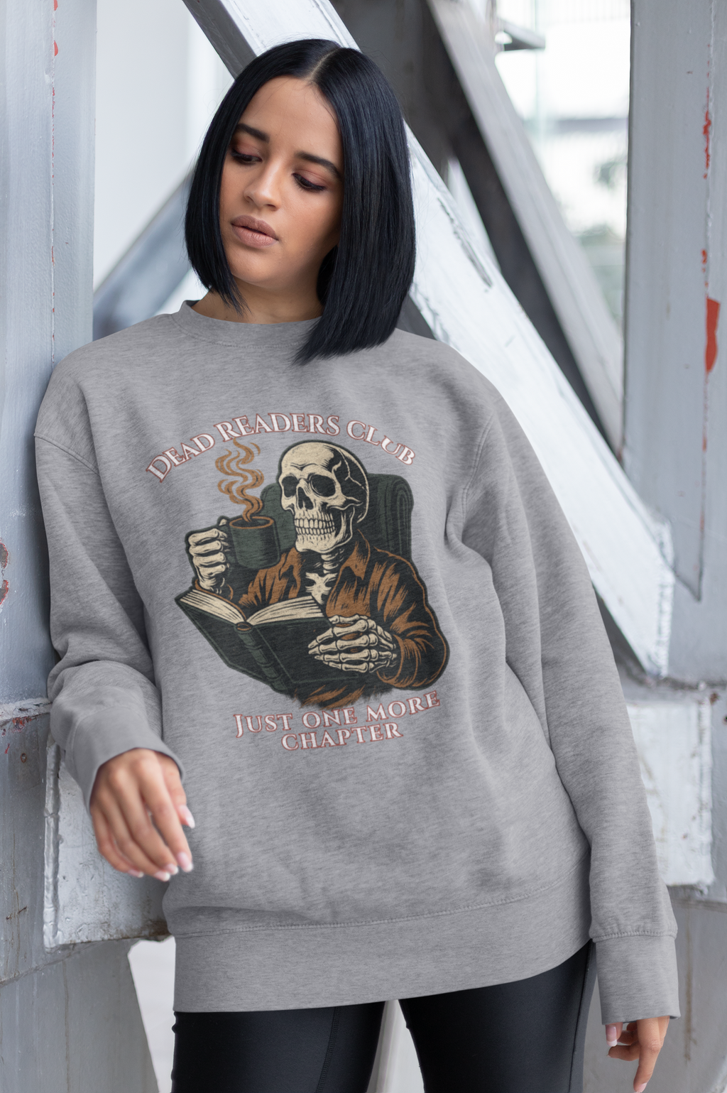 Crewneck Sweatshirt — "Dead Readers Club: Just One More Chapter" Skull Book Lover Graphic