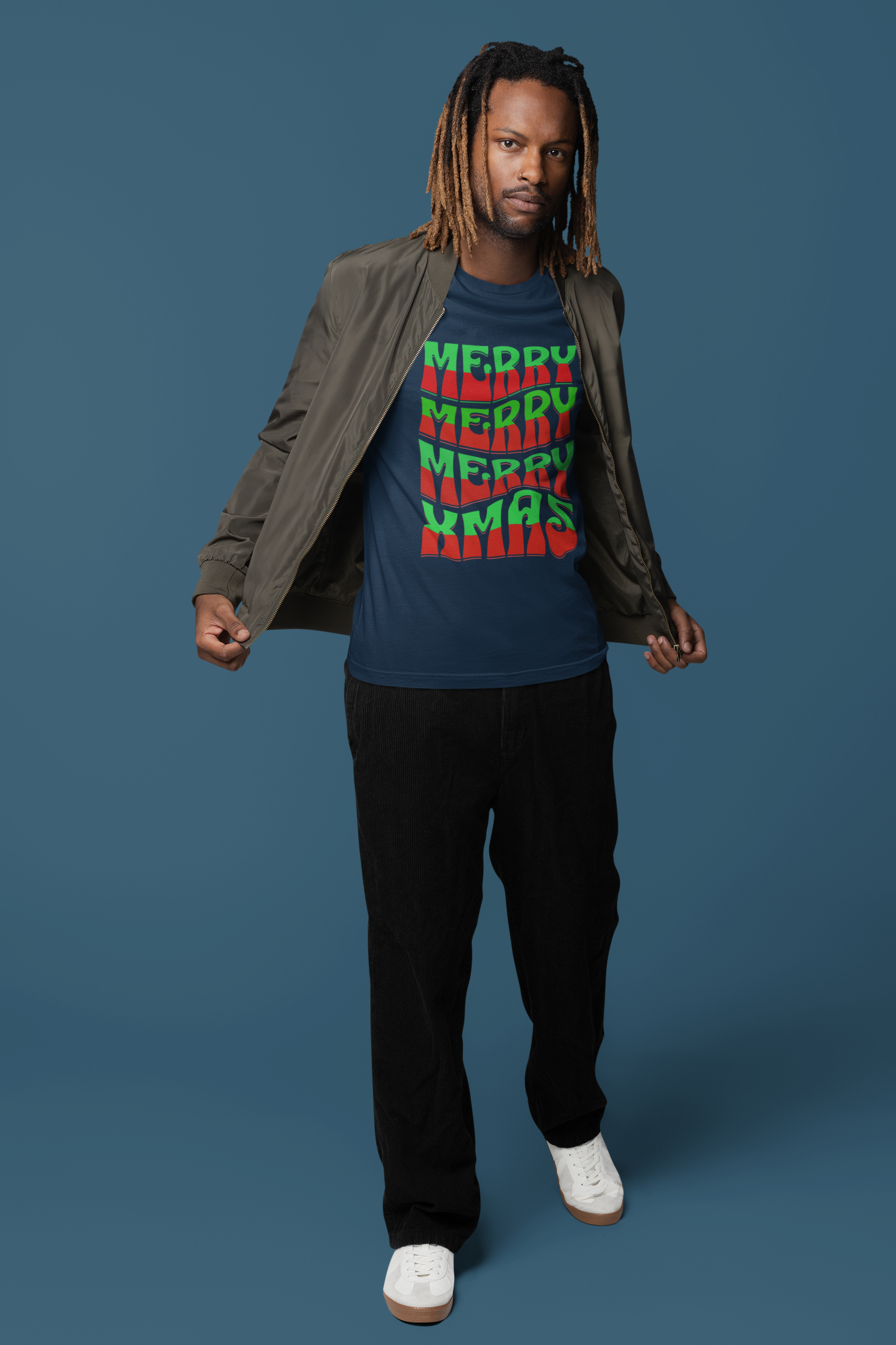 Merry Merry Merry Xmas T-Shirt — Retro Wavy Christmas Tee