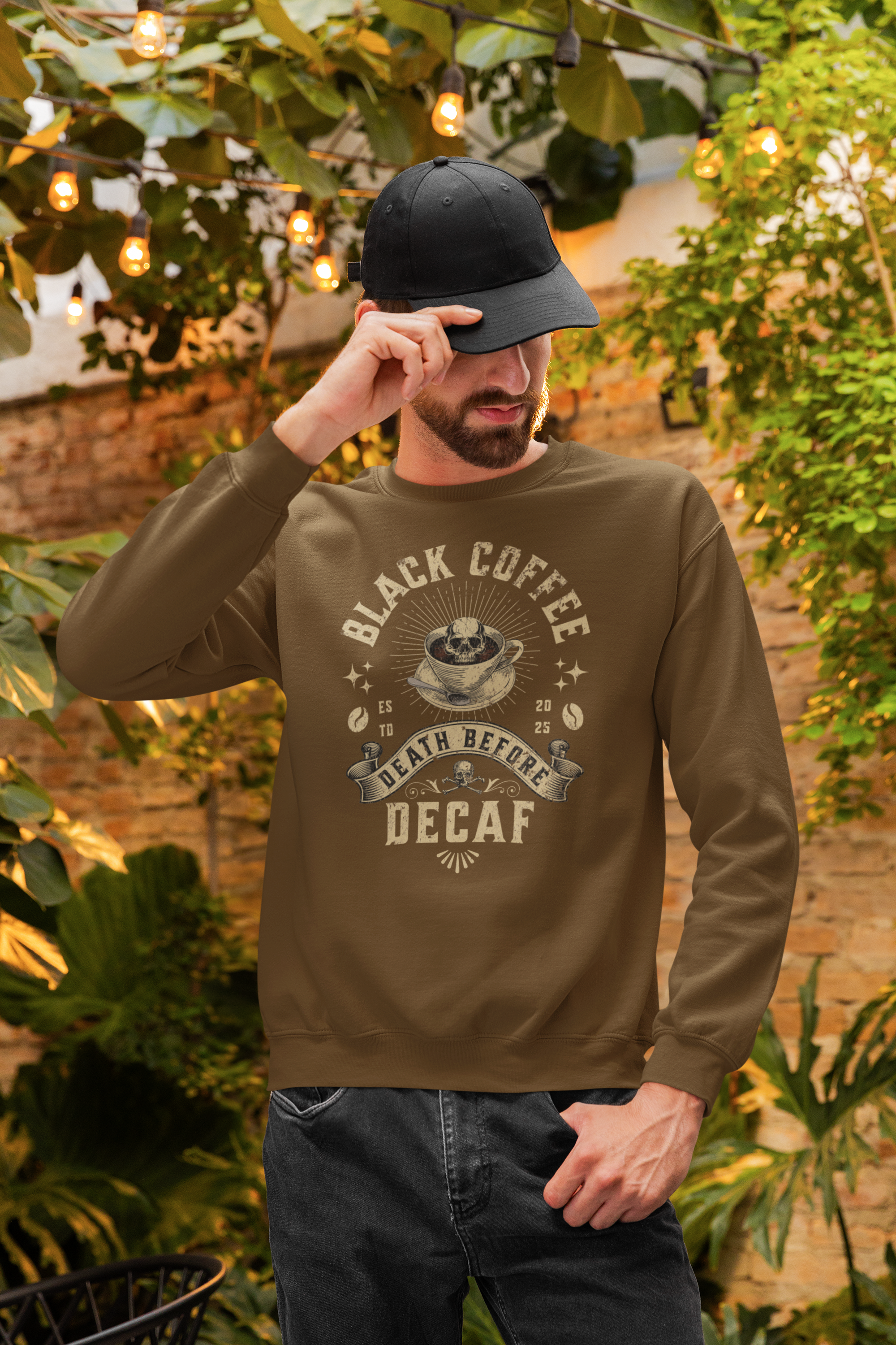 Decaf Black Coffee Crewneck Sweatshirt — Vintage Coffee Lover Pullover