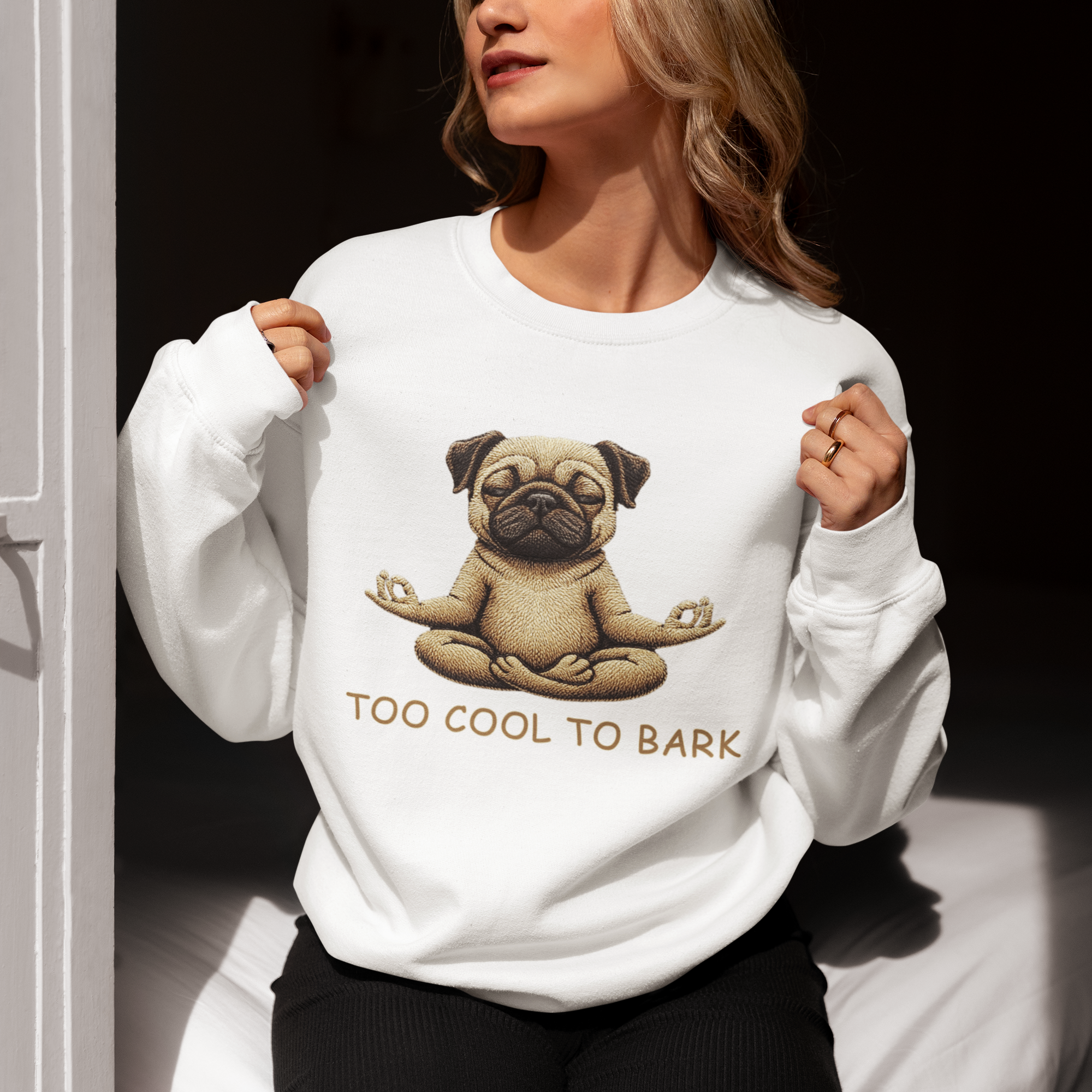 Pug Yoga Sweatshirt – "Too Cool to Bark" Cozy Crewneck