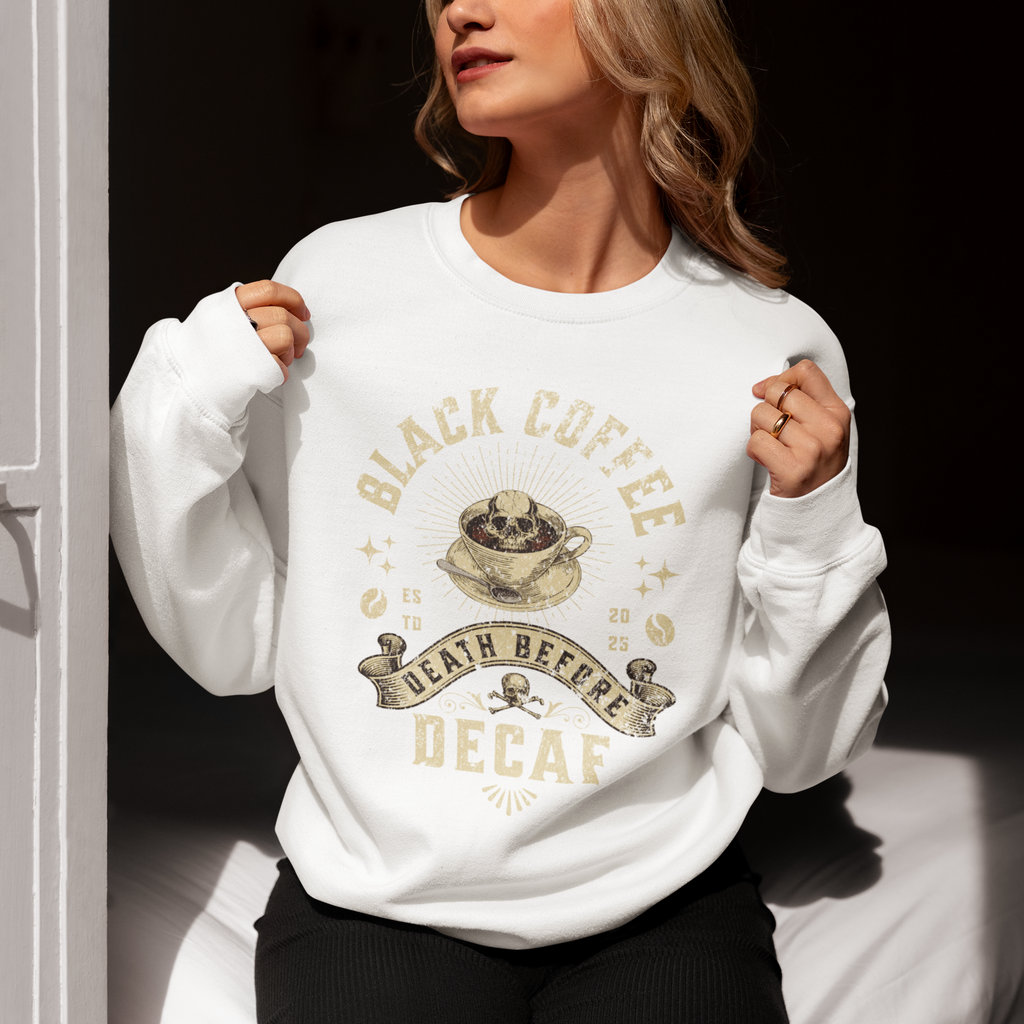 Decaf Black Coffee Crewneck Sweatshirt — Vintage Coffee Lover Pullover
