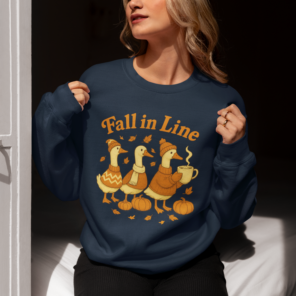 Autumn Vibes Crewneck Sweatshirt - 'Fall in Line' Goose Design