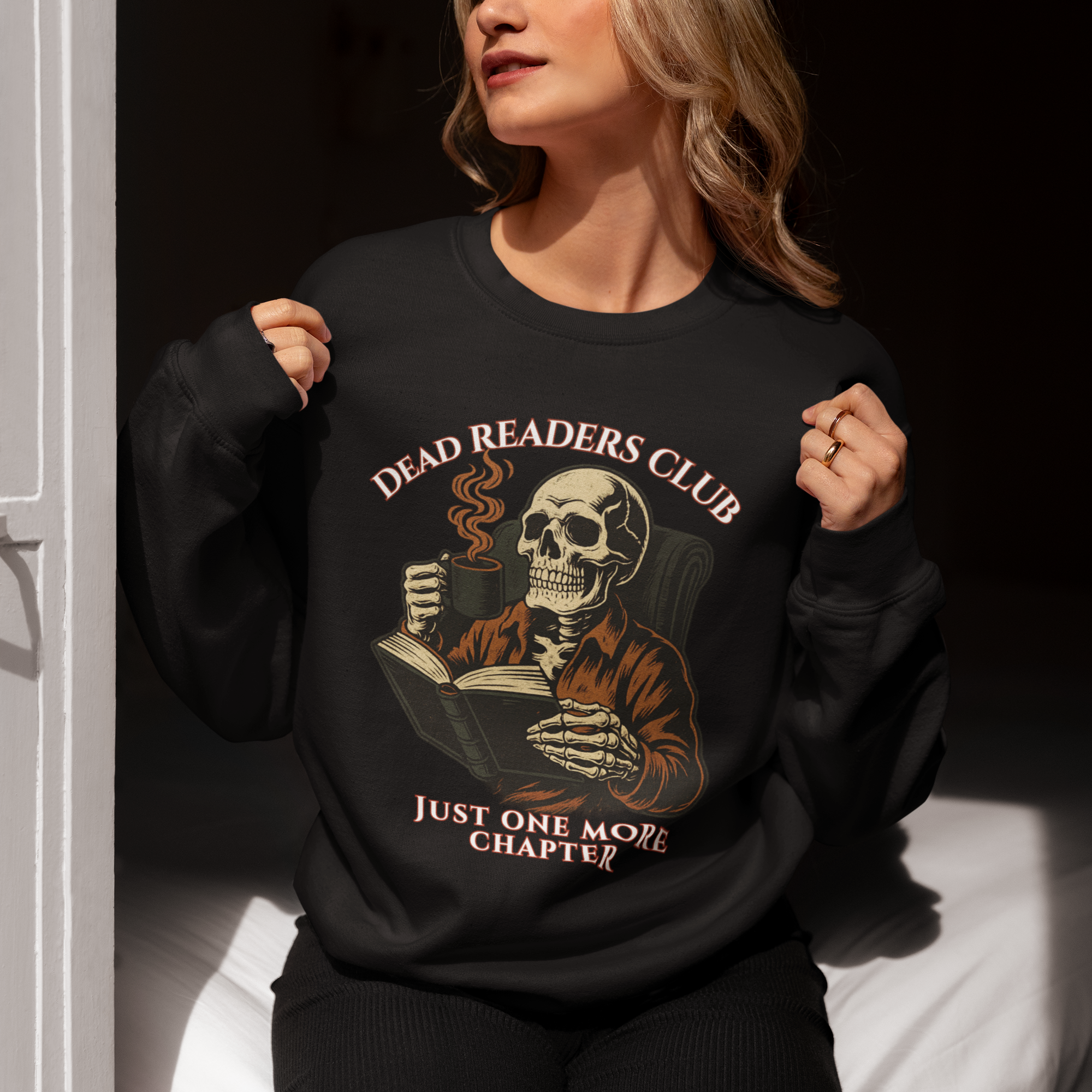 Crewneck Sweatshirt — "Dead Readers Club: Just One More Chapter" Skull Book Lover Graphic